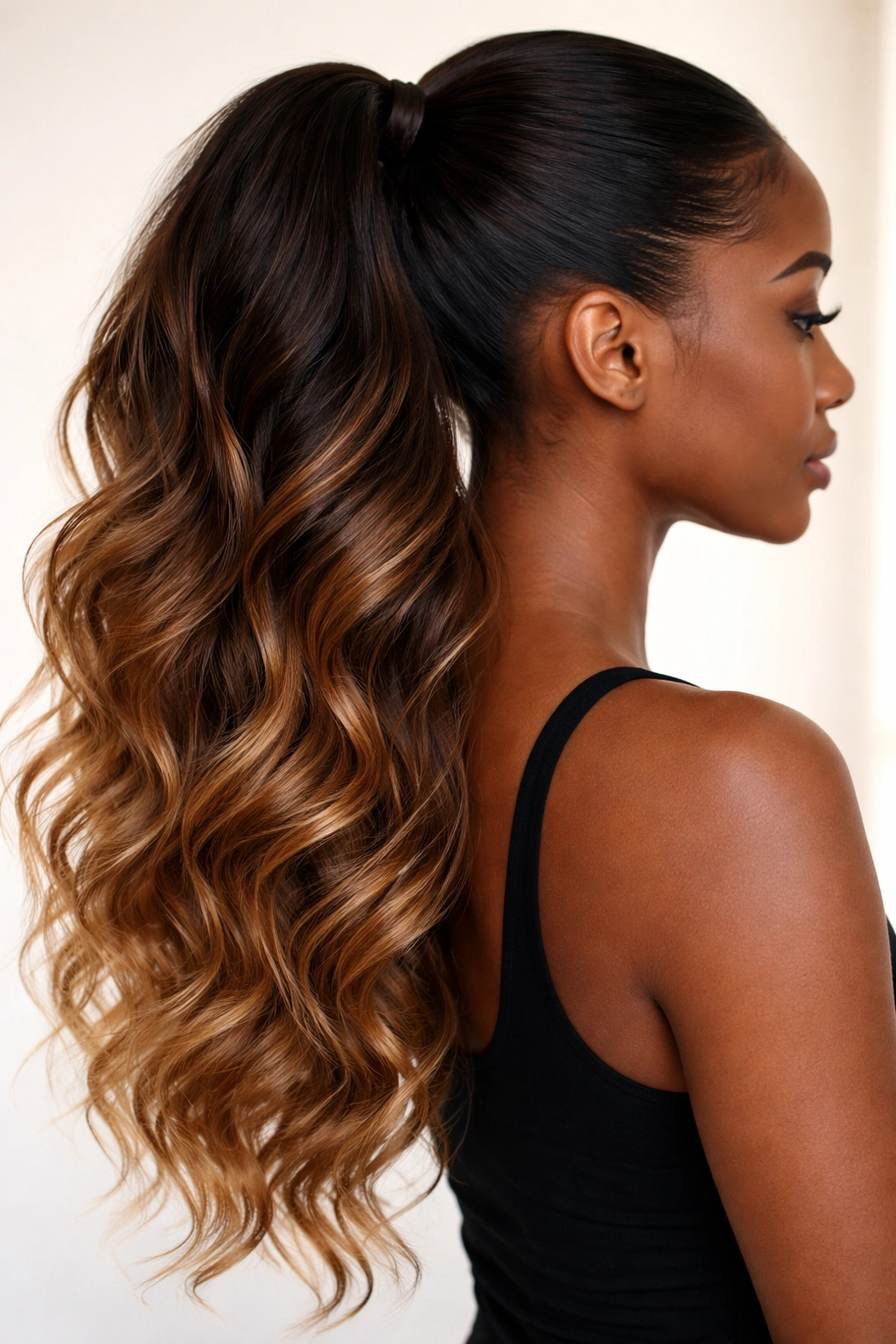 Close-up side view of an ombre wavy high ponytail with dark roots fading to lighter ends, showing color gradient