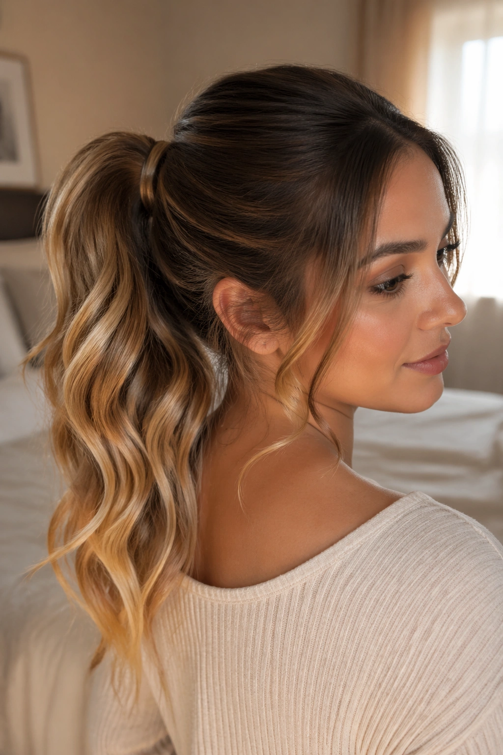 Close-up of a real woman with dark brown to honey blonde wavy ponytail