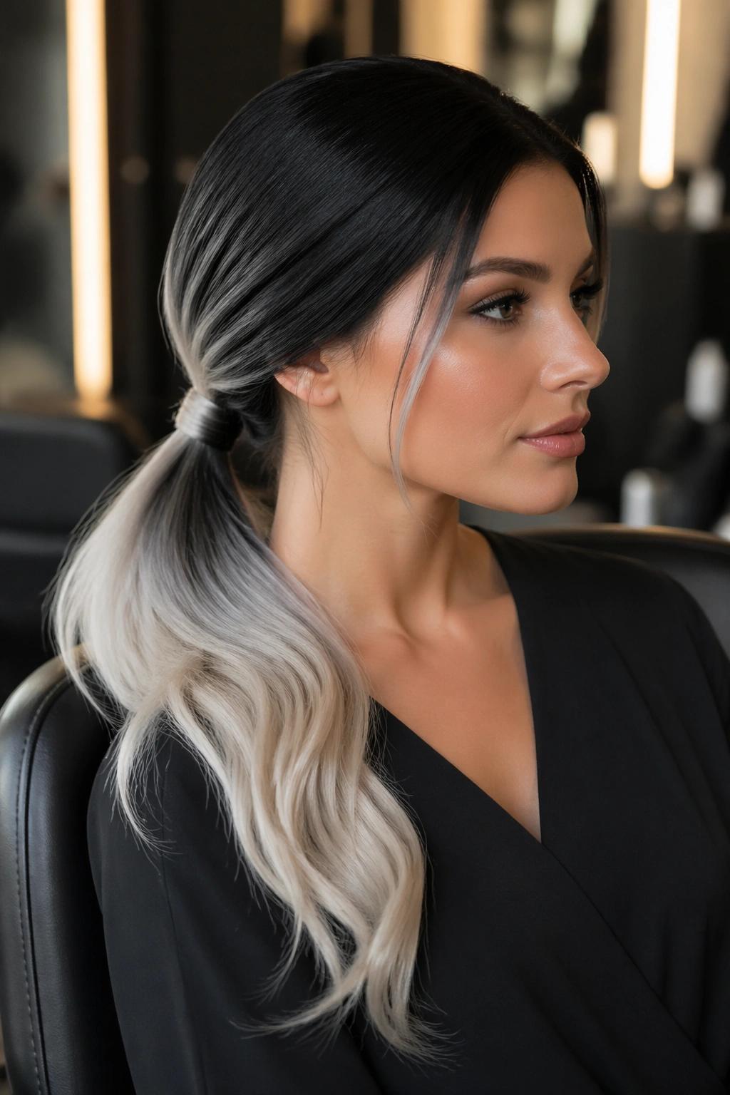 Close-up of a real woman with jet black to platinum blonde low ponytail at the nape
