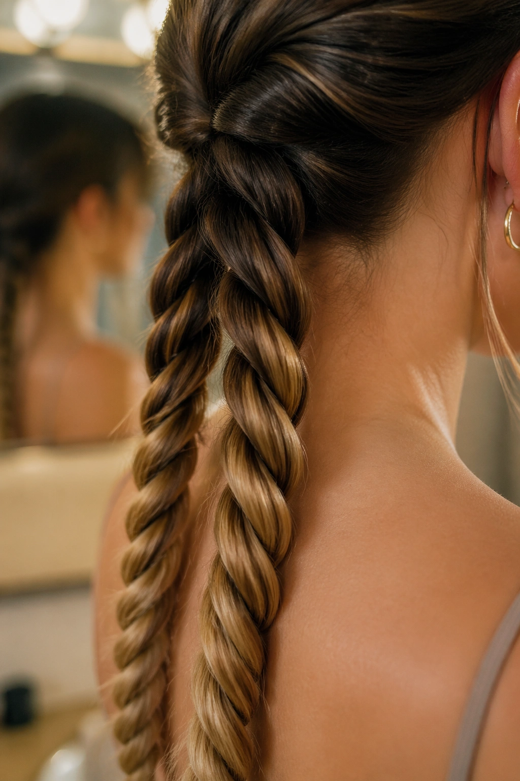 Macro close-up of rope-twist ombre ponytail at the nape