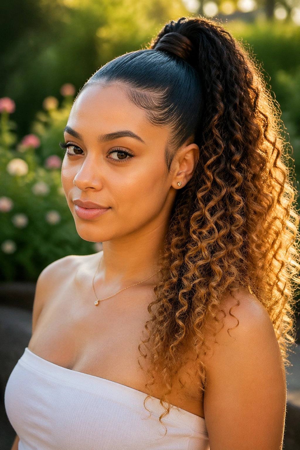 Close-up of a real woman with a two-tone ombre ponytail showing dark roots to lighter ends