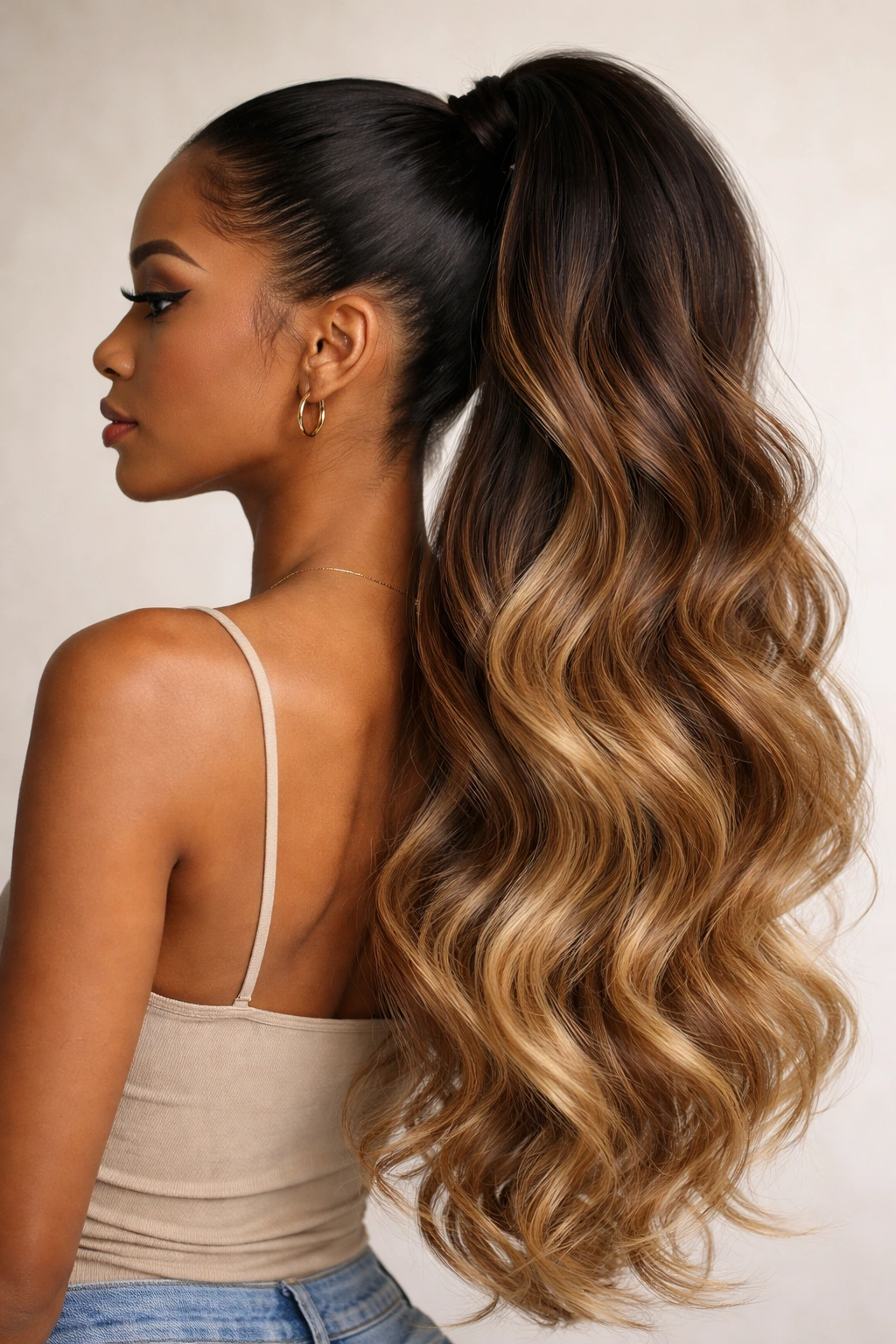 Two-tone ombré ponytail with dark roots fading to lighter tail.