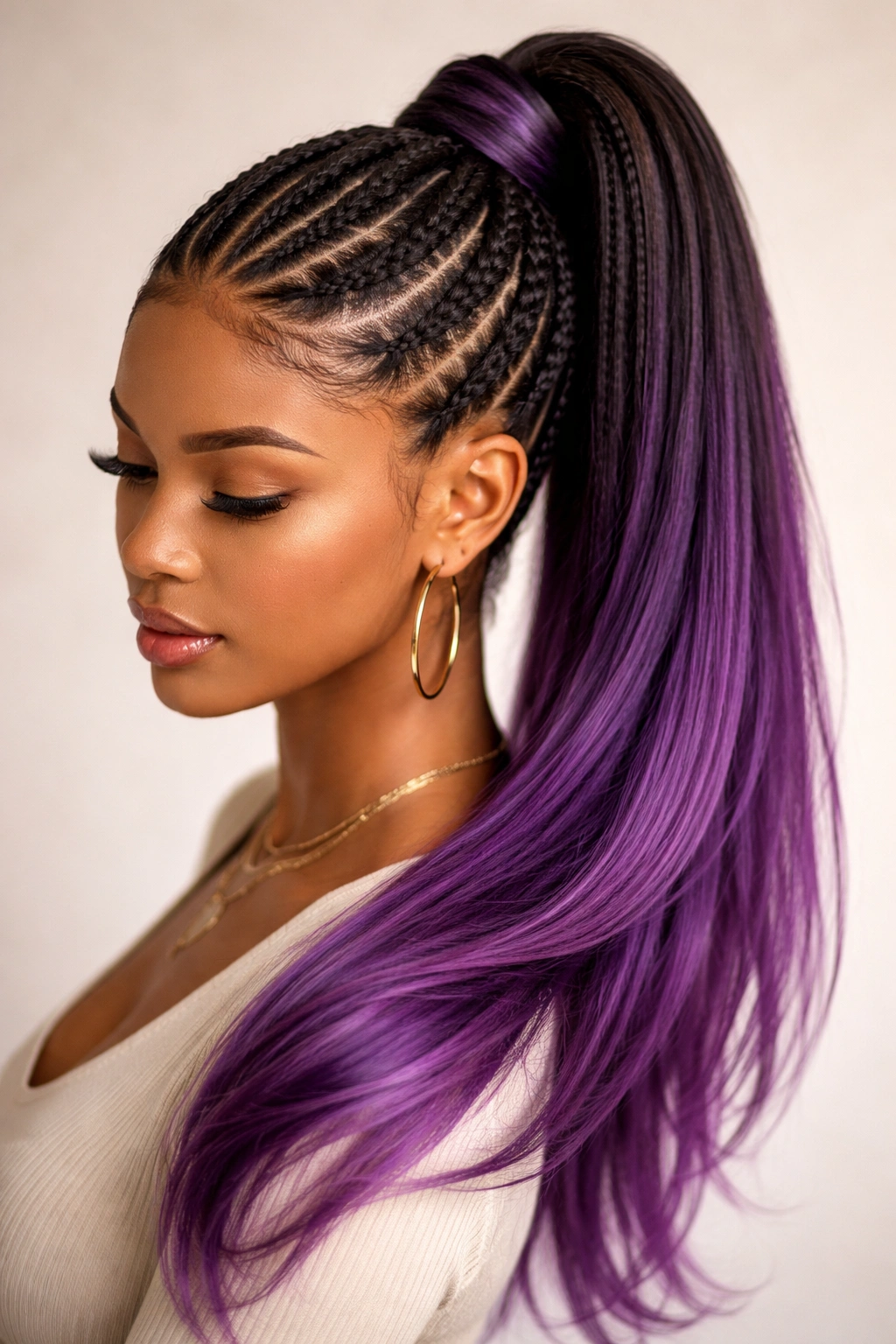 Ombré purple cornrow ponytail with color gradient