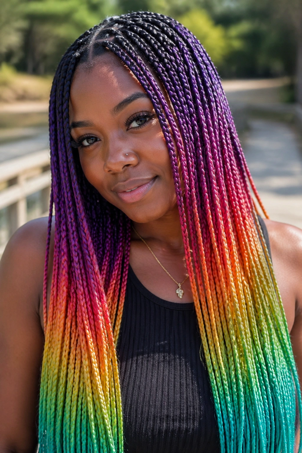 Close-up of a real person with ombré rainbow box braids transitioning from dark roots to bright ends