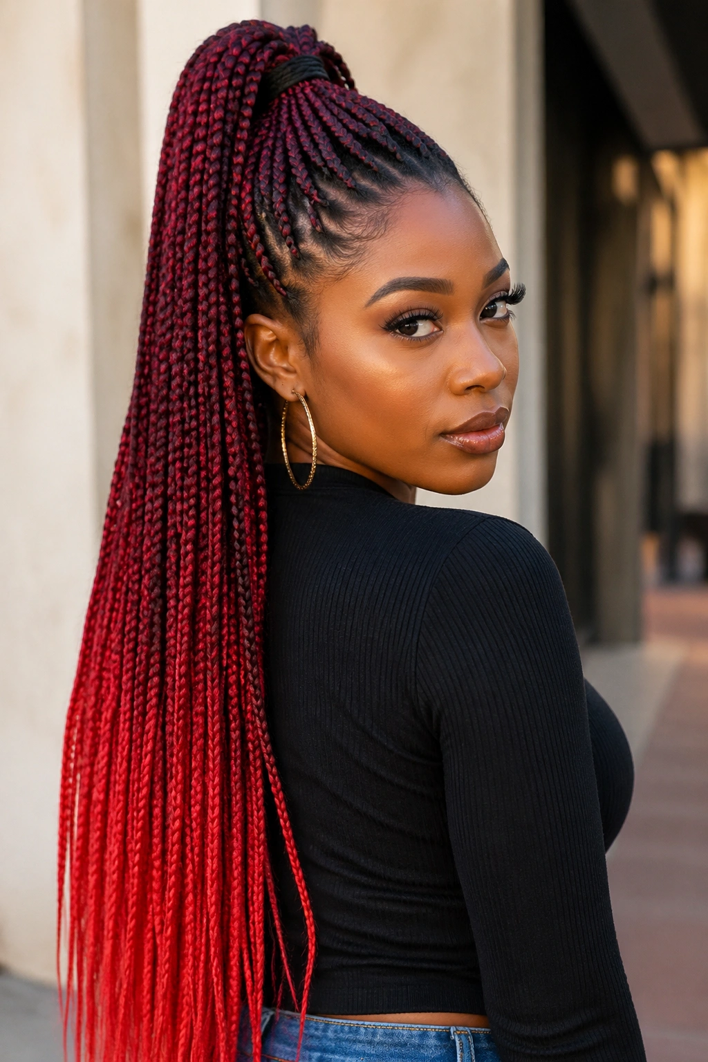 Close-up of waist-length ombre red box braids gathered into a high ponytail.