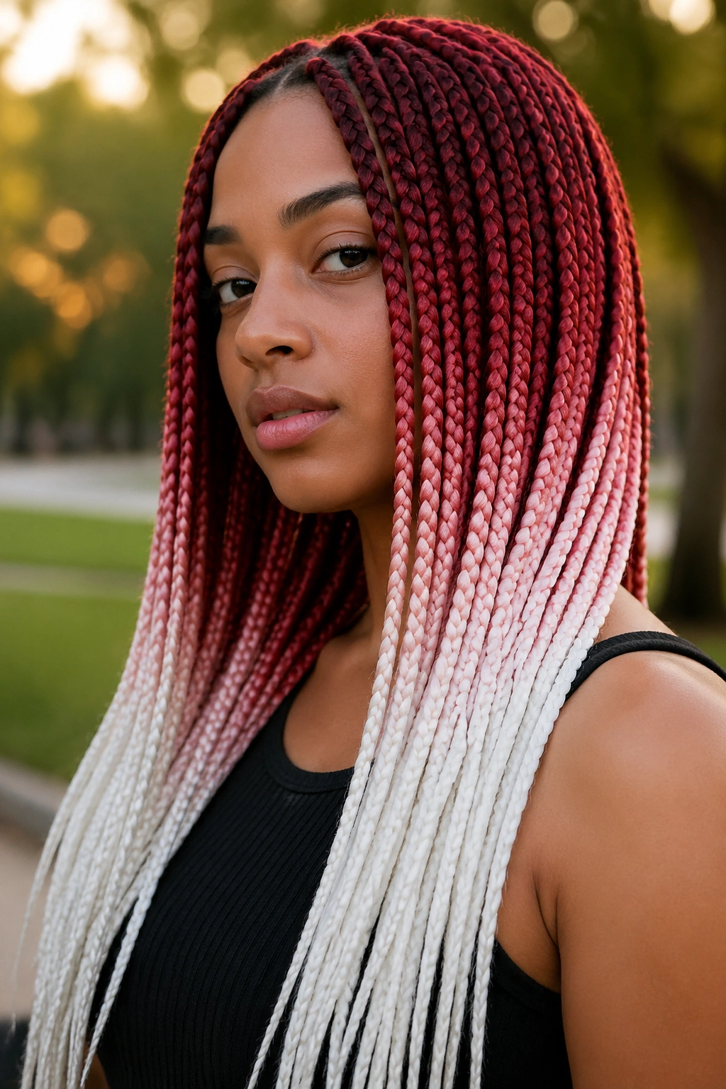 Close-up of a real person with ombre red to white box braids