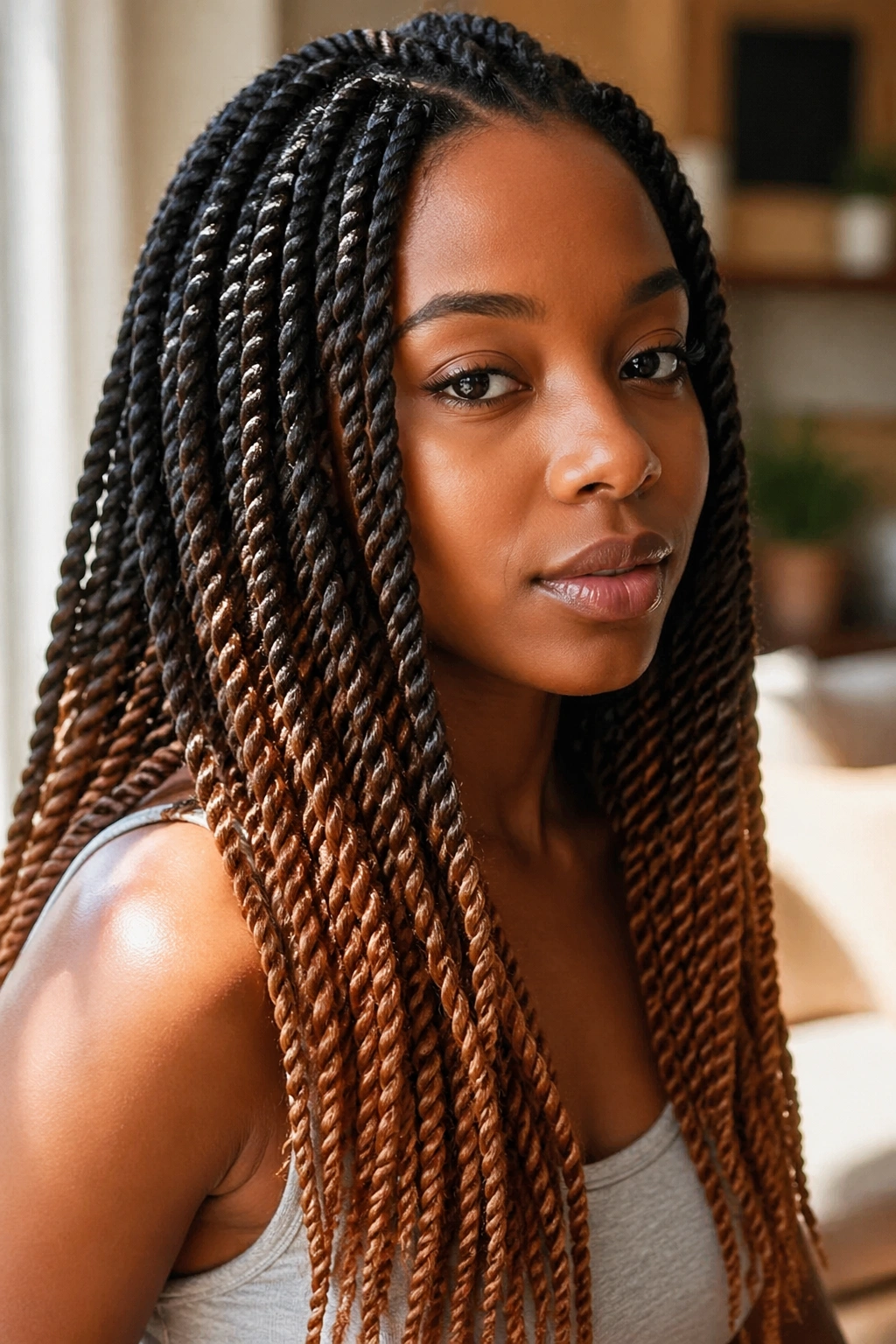 Close-up of a real woman with Senegalese twists in dark brown to caramel ombre.