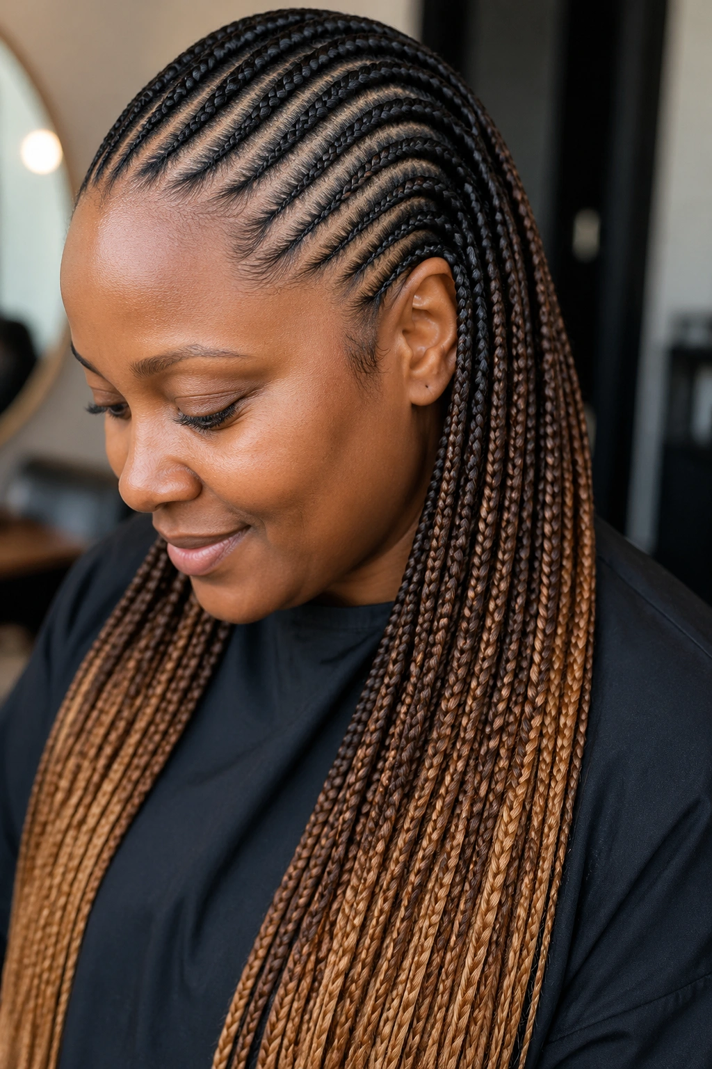 Close-up of a real person with two-tone ombre stitch cornrows