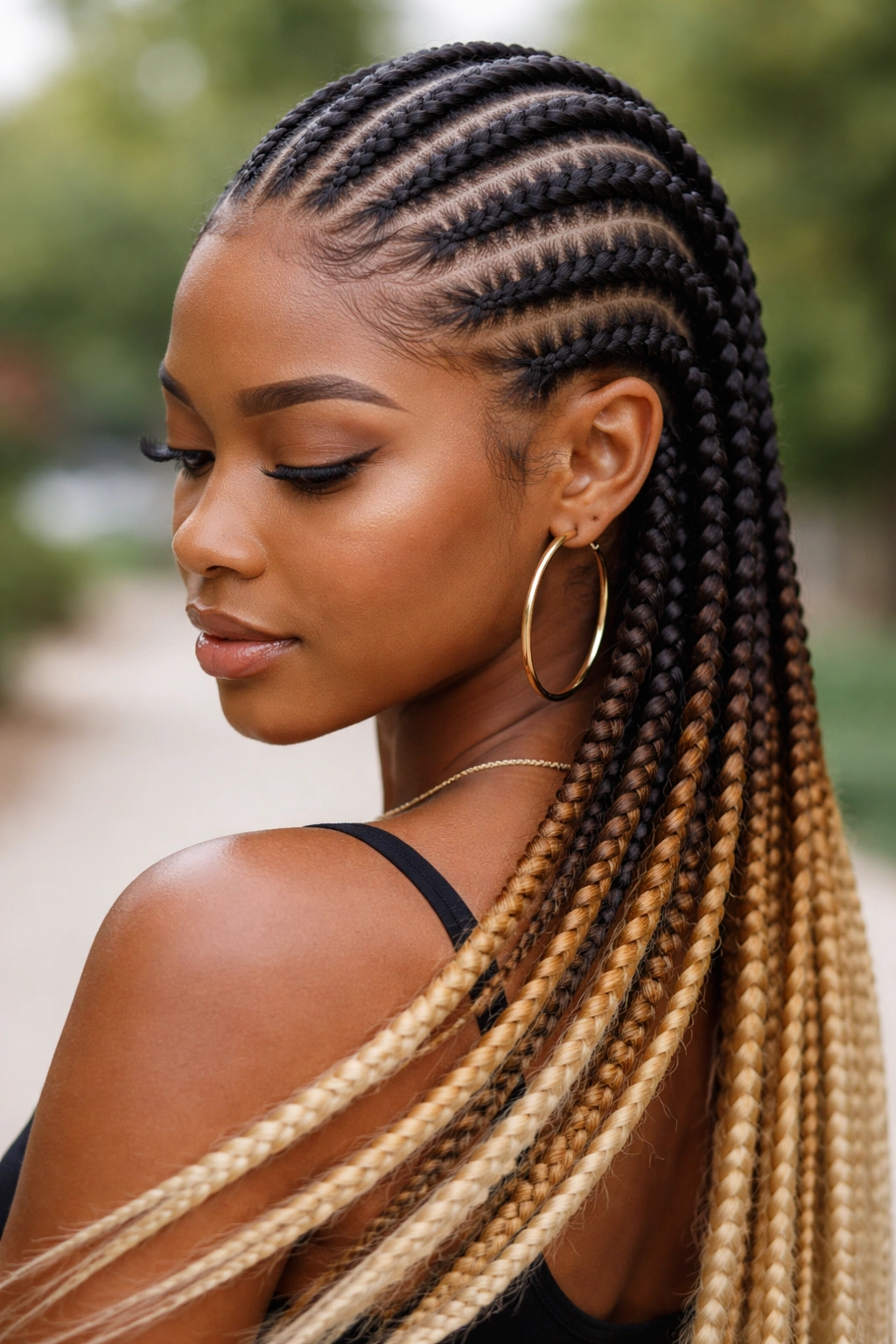 Close-up of stitches in cornrows with ombre tips on a real person