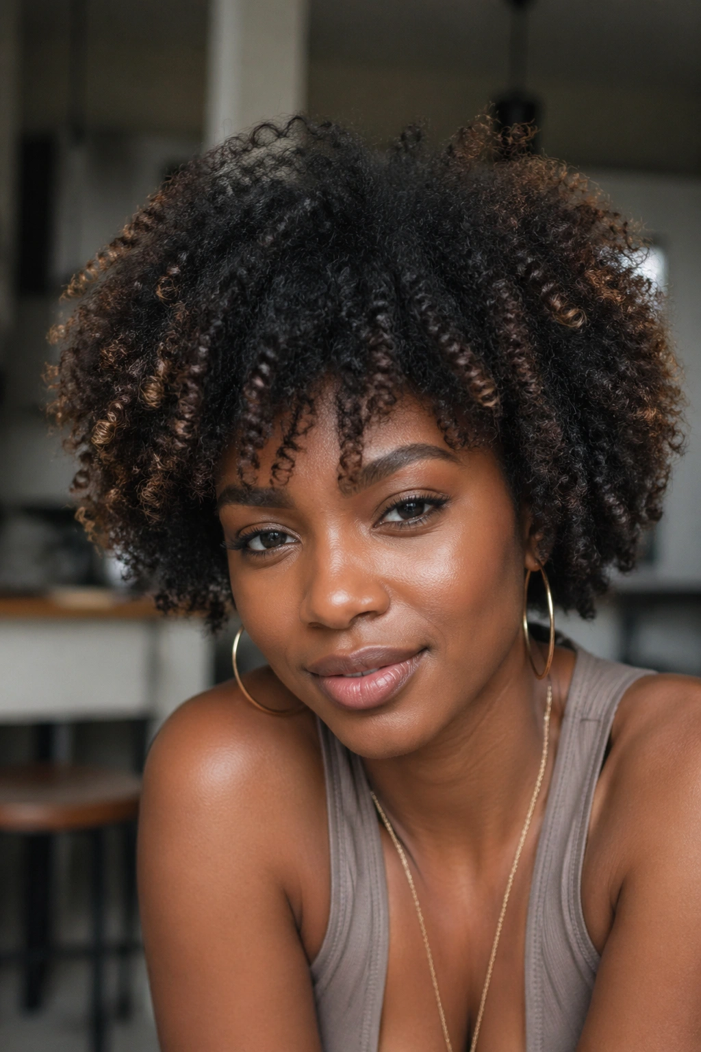 Close-up of afro with ombre tip highlights catching light.