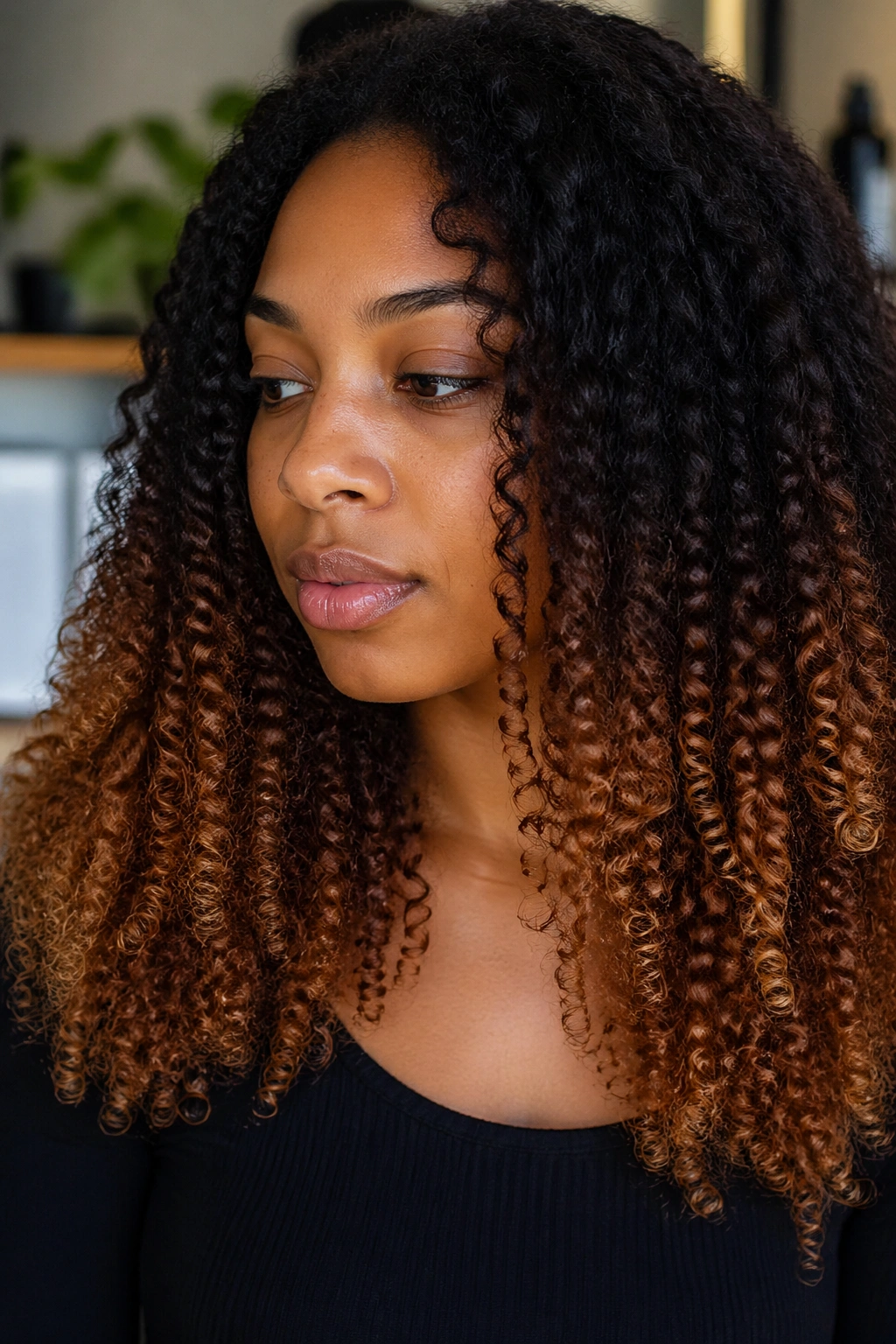 Close-up of refreshed ombre ends on natural hair