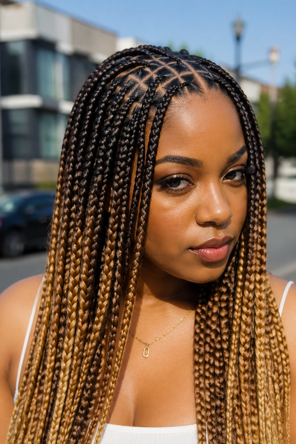 Close-up of ombre triangle-part box braids on a real person showing root-to-tip color shift