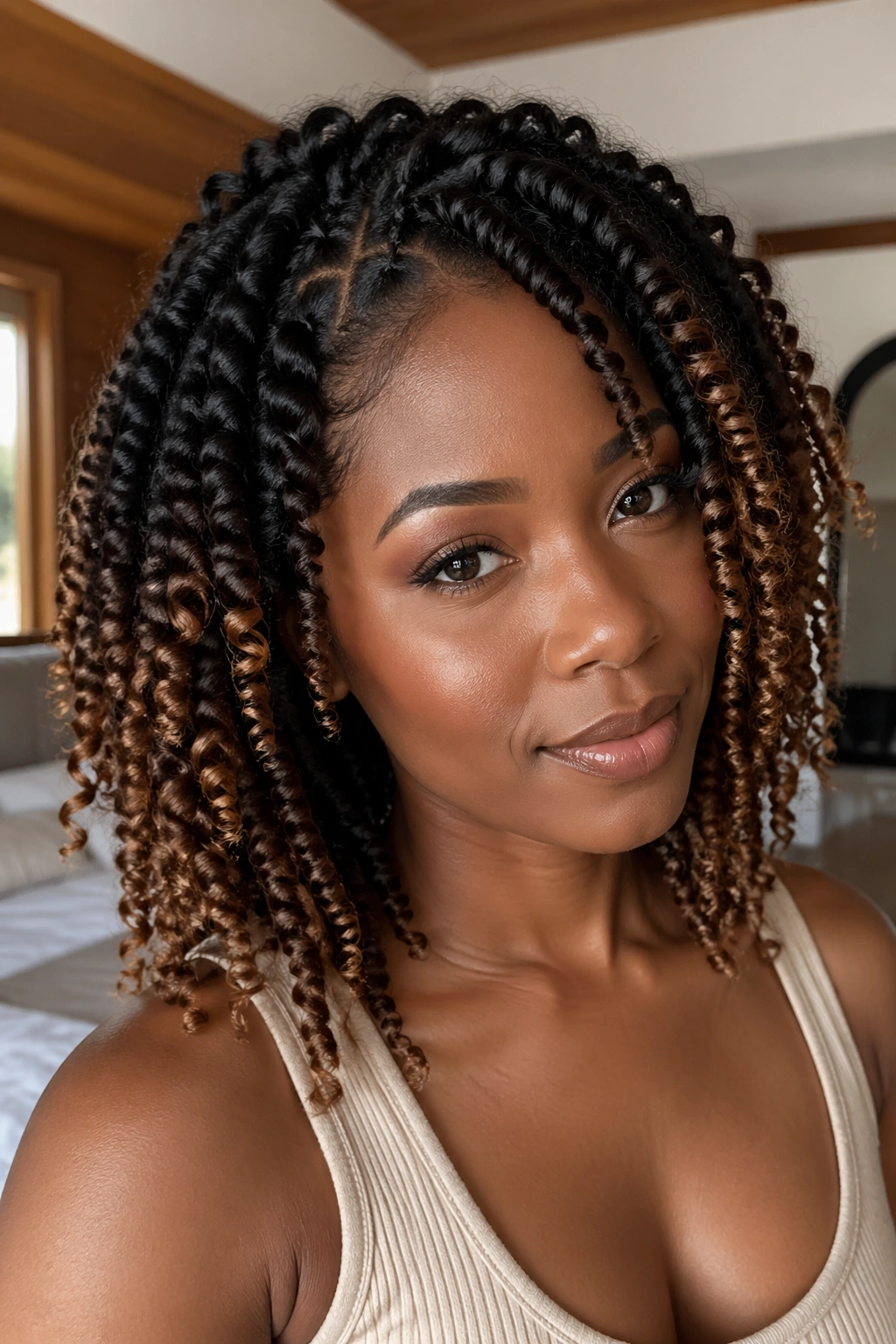Close-up of a real woman with twist-out Ombre from dark brown to caramel on defined twists.