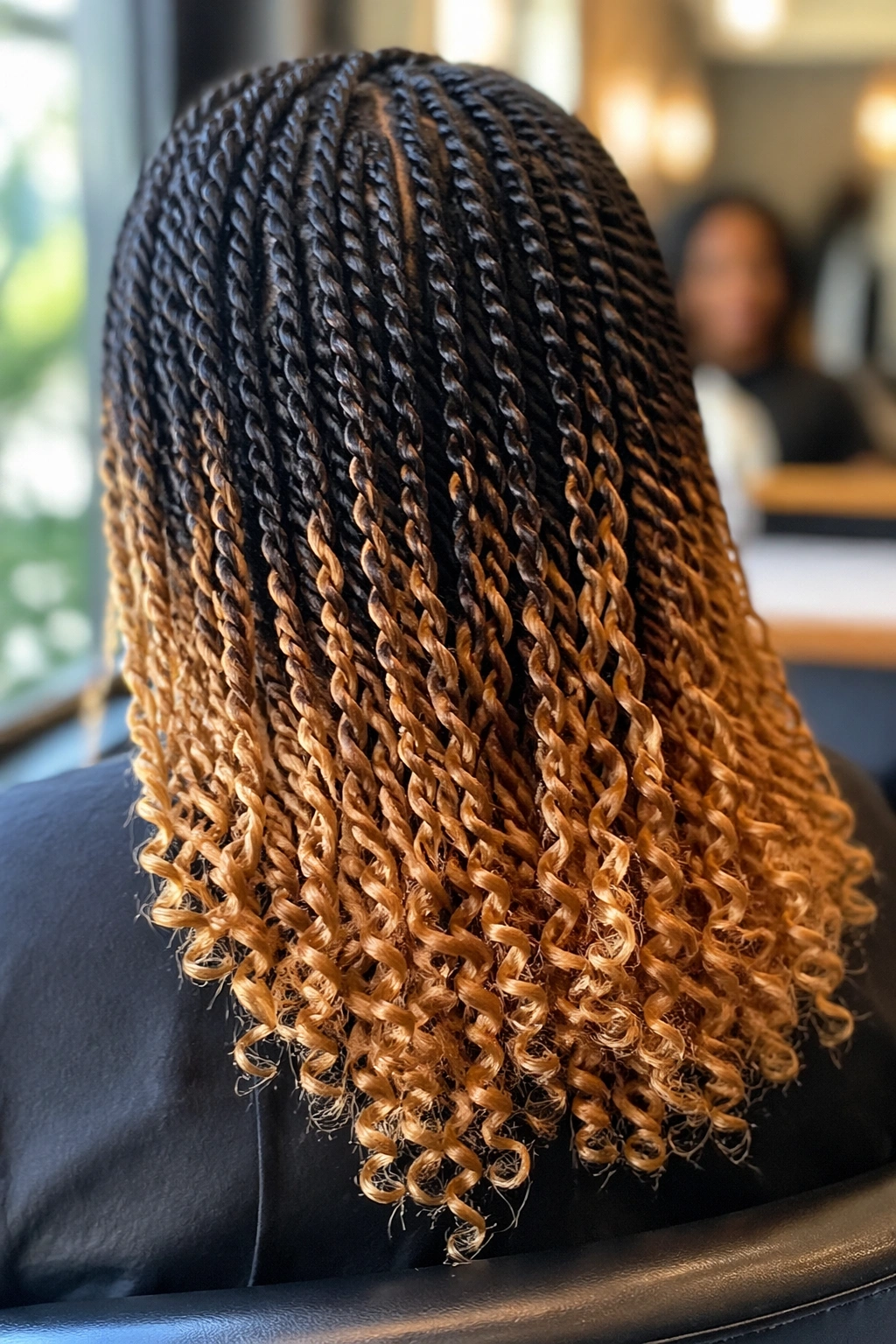Close-up of ombré twist braids with curly ends in a salon.