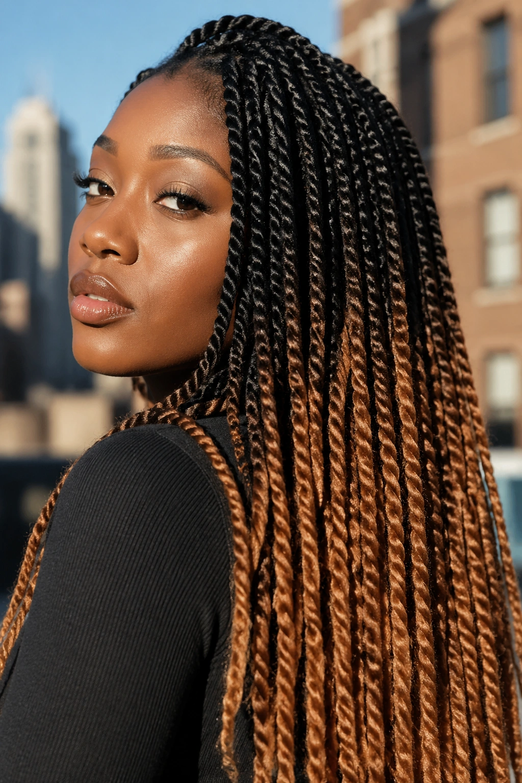 Twist braids with dark-to-light ombre from roots to ends on a real person