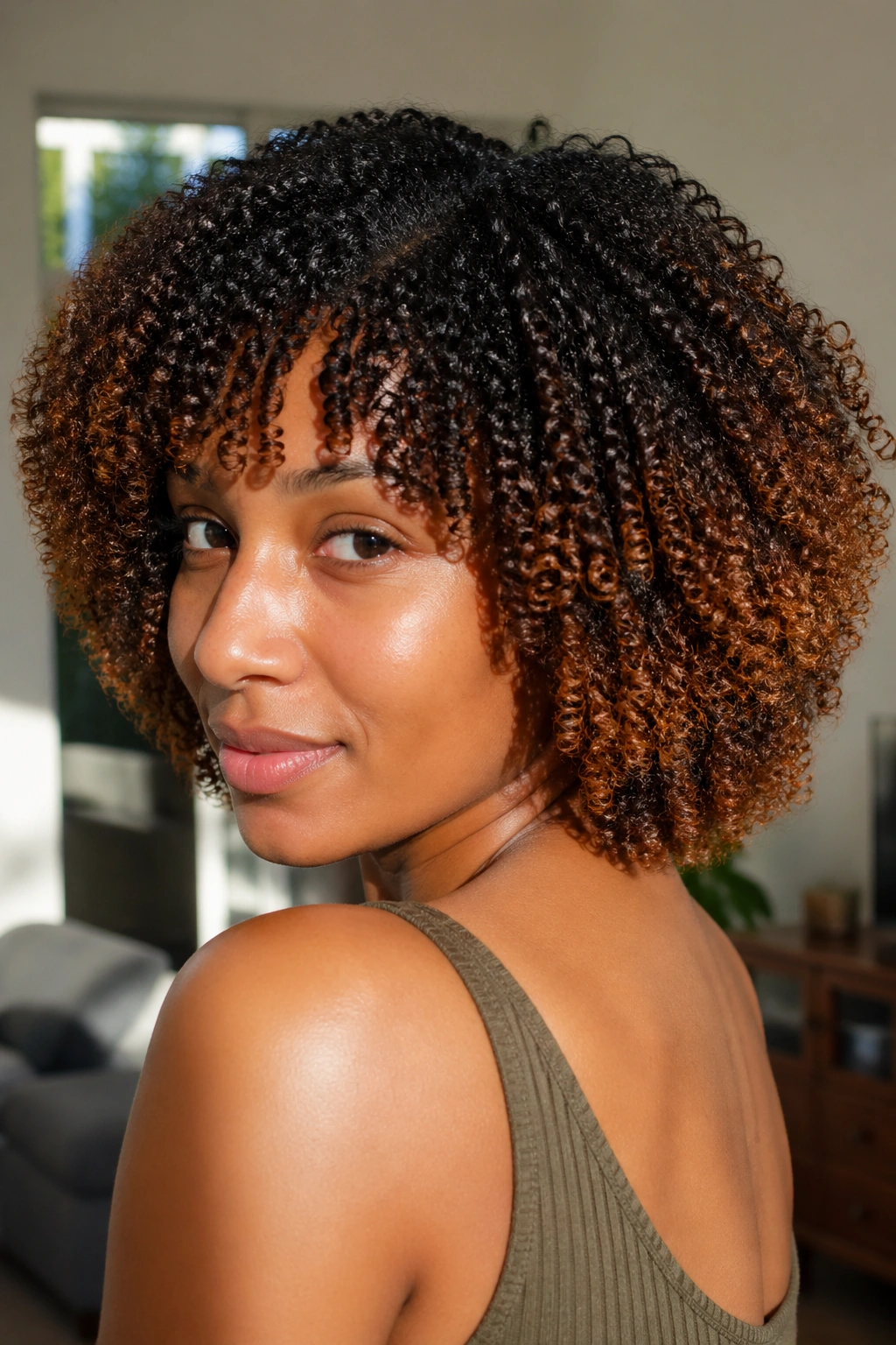 Close-up of a real woman with wash-and-go curls showing dark brown to lighter ombre gradient.