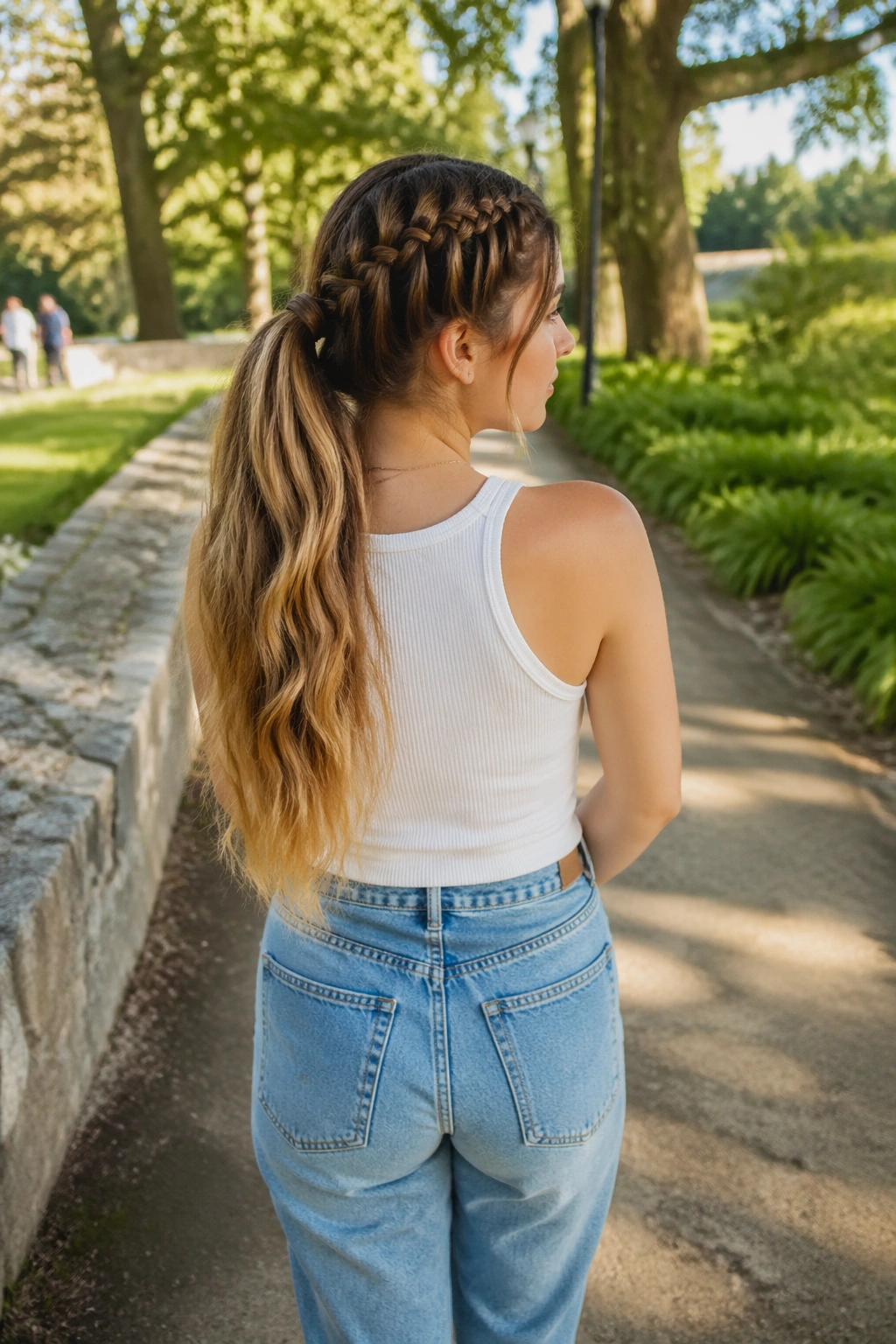 Wide outdoor shot of waterfall braid ponytail in park