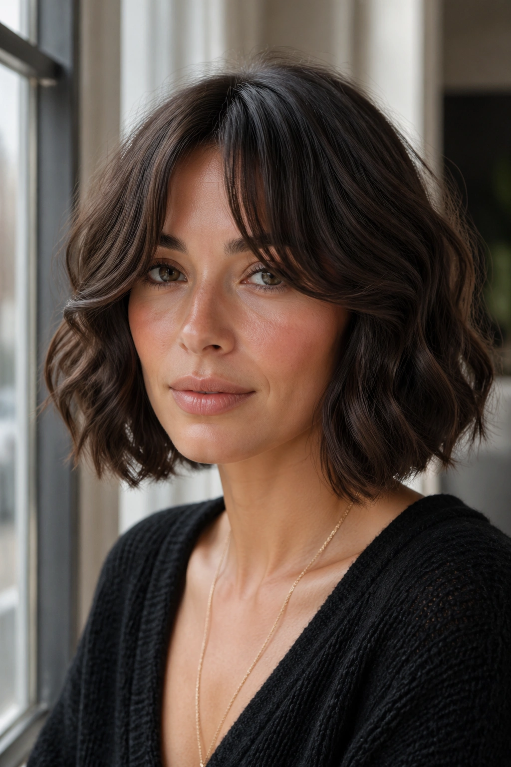 Close-up of a real woman with one-length bob and curtain bangs