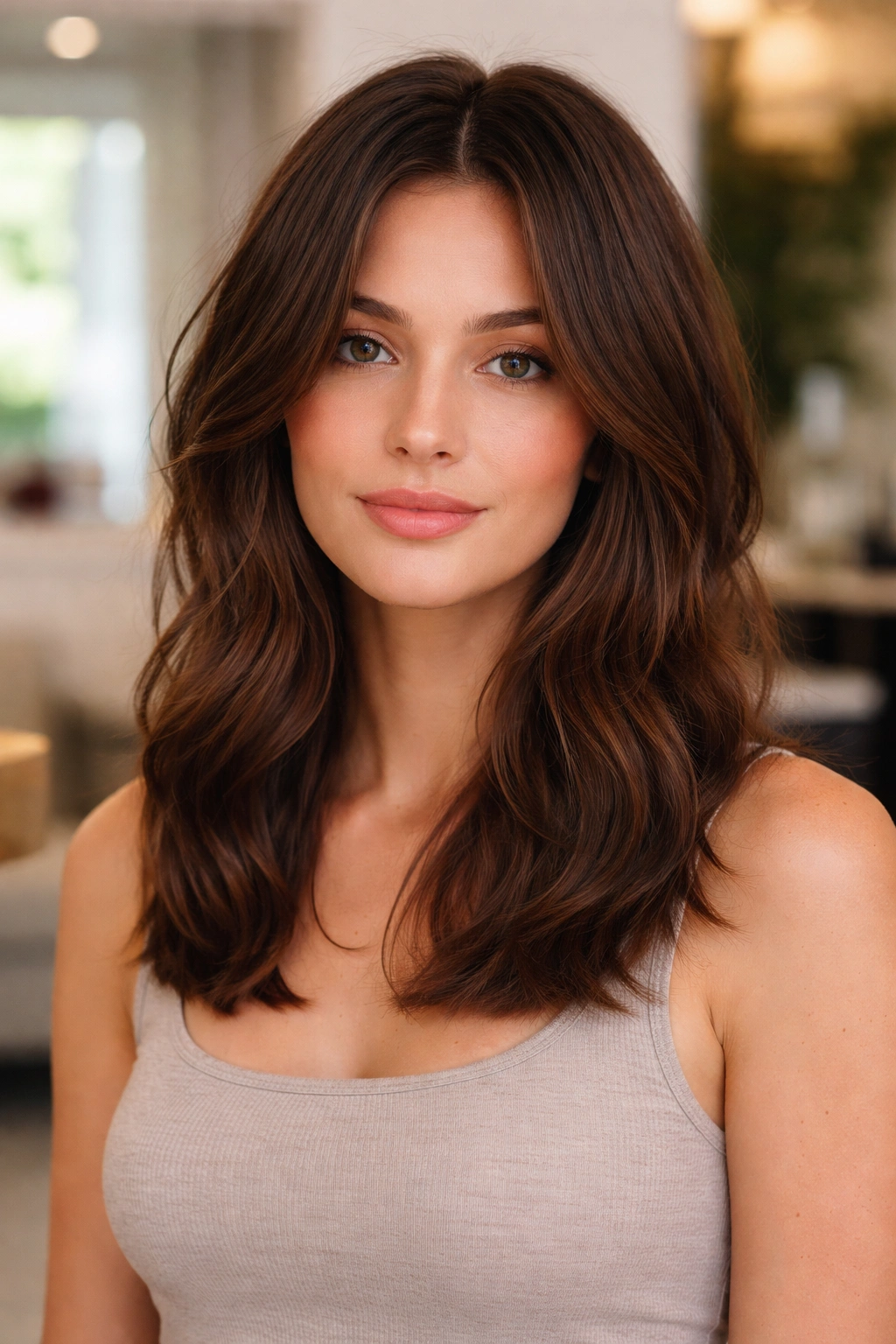 Close-up of real person with sleek, even-length hair.