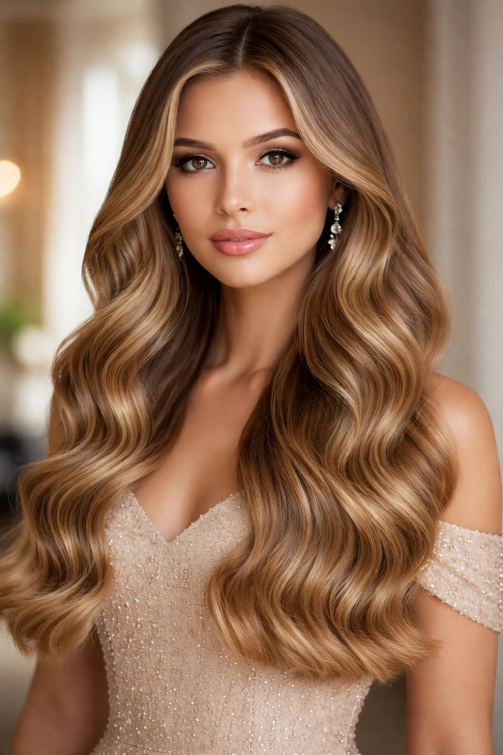 Close-up of a real woman with one-length long cut and defined mermaid waves