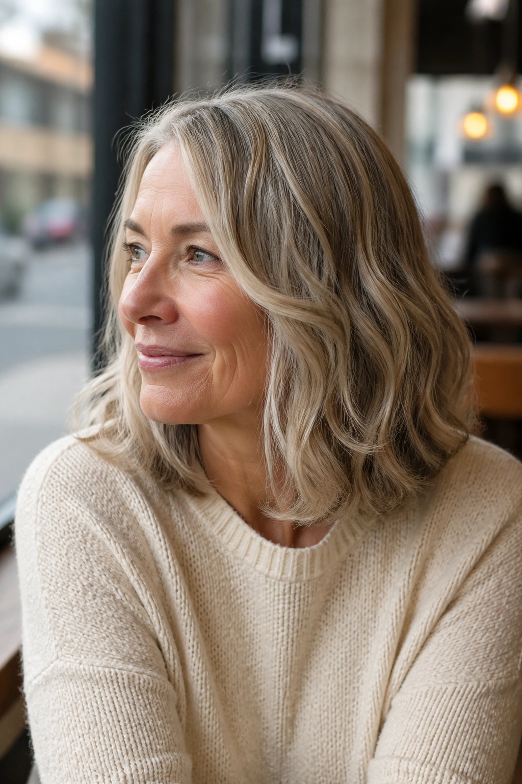 Portrait of a real woman with a one-length medium cut and hidden layers in soft window light