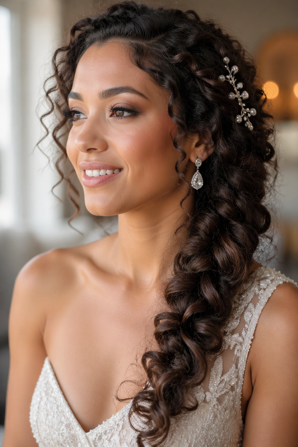 Close-up portrait of a real bride with a one-shoulder gown and a loose side braid along the shoulder