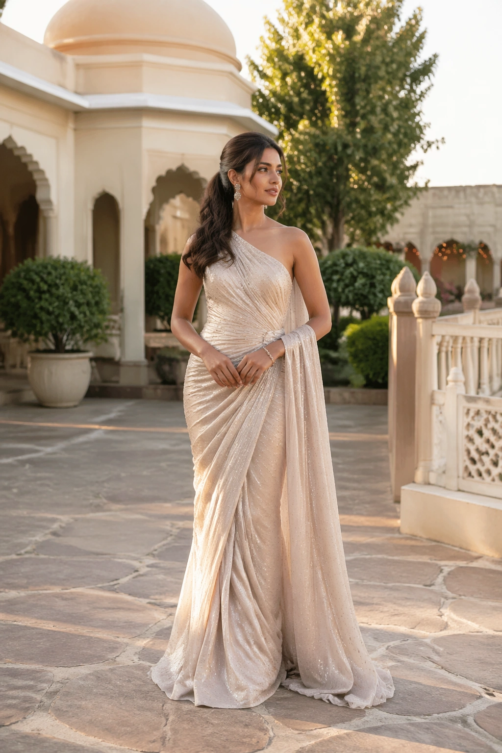 Wide shot of one-shoulder draped ponytail at wedding venue.