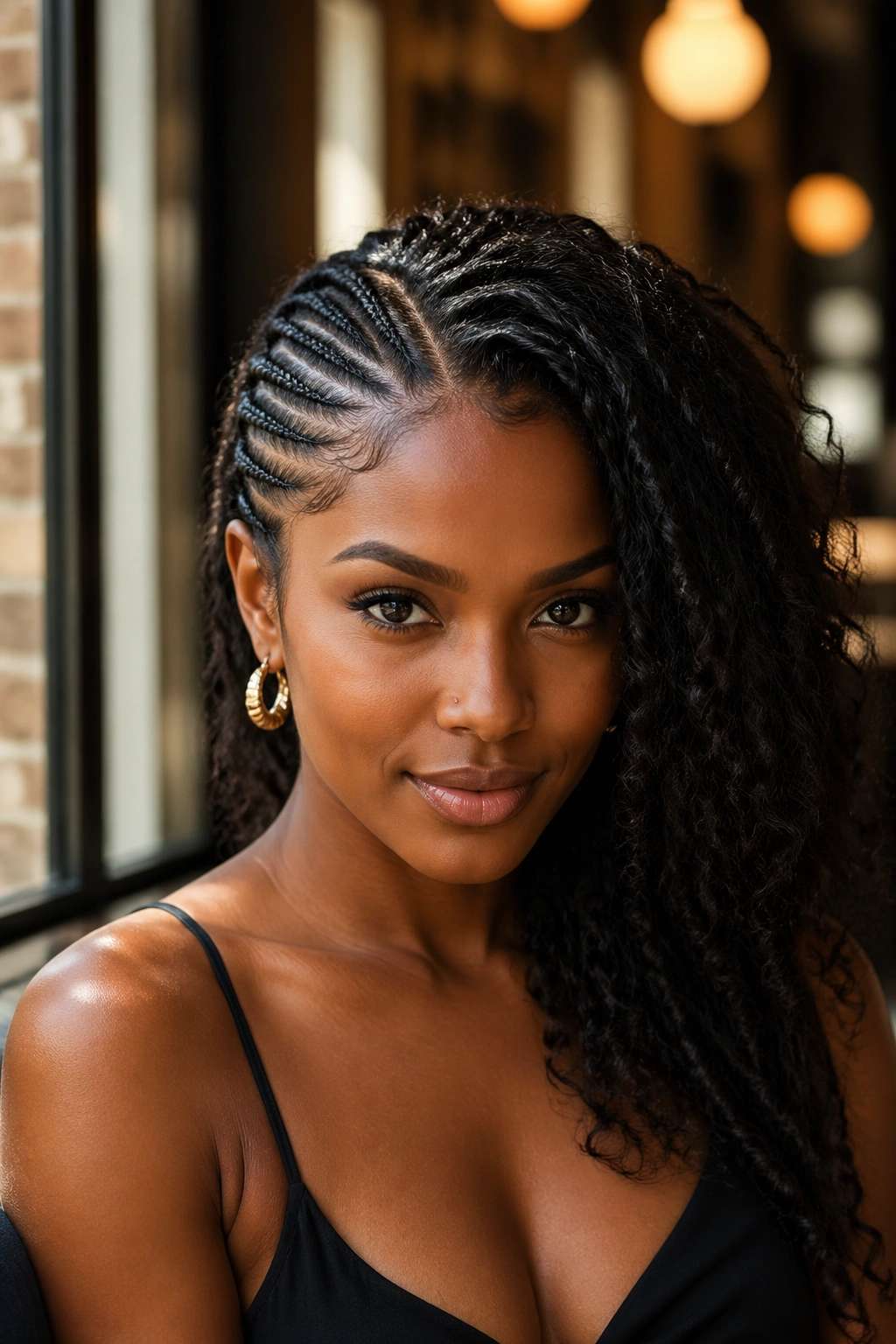 Portrait of a Black woman with one-side cornrows and one side loose in cafe light