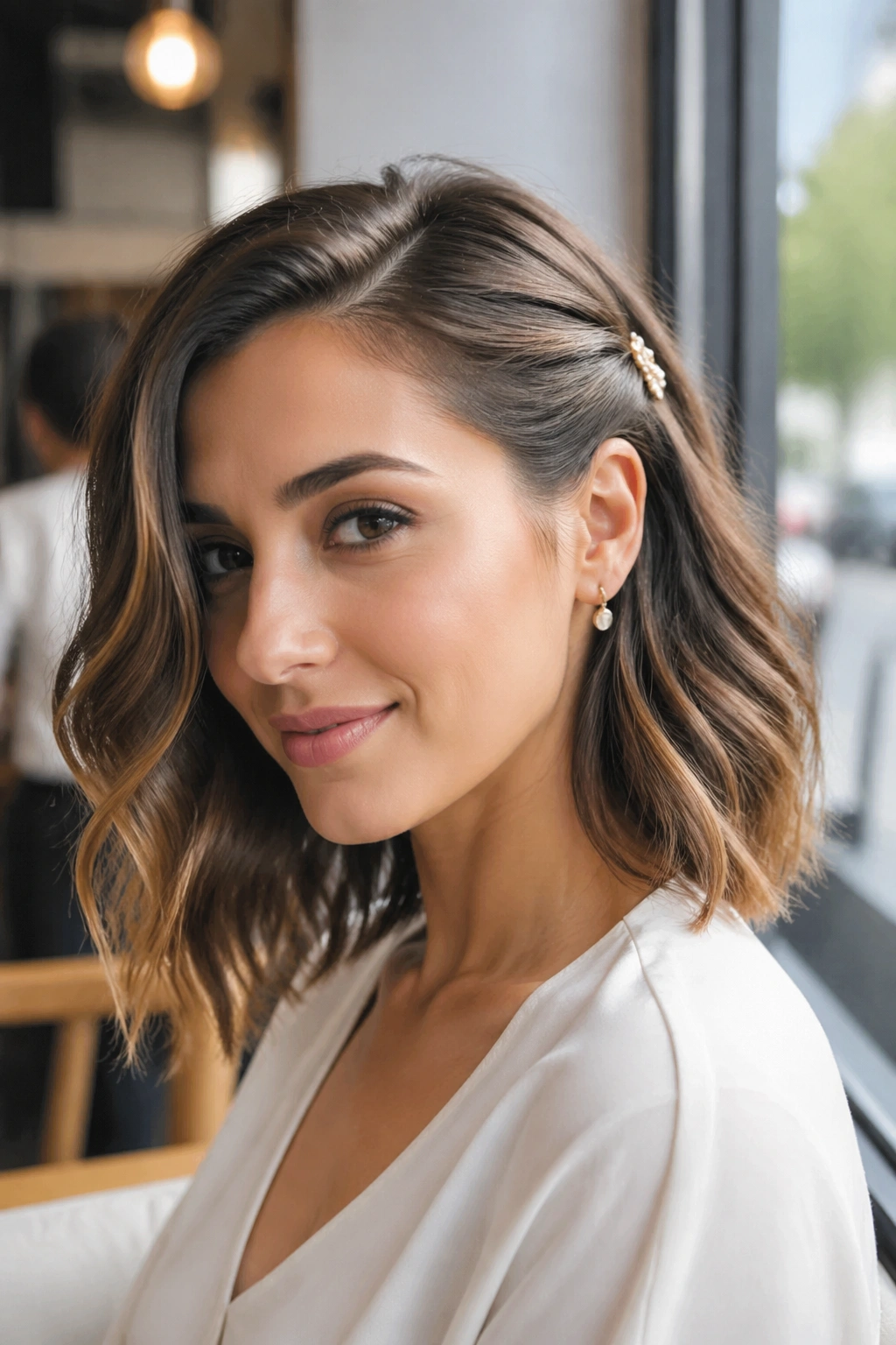 Real woman with one-side tuck lob hairstyle behind the ear.