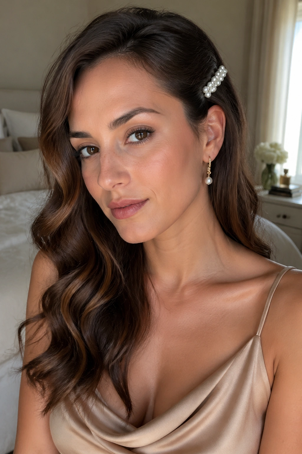 Close-up of woman with one-side clipped-back waves and pearl barrette, warm bedroom light