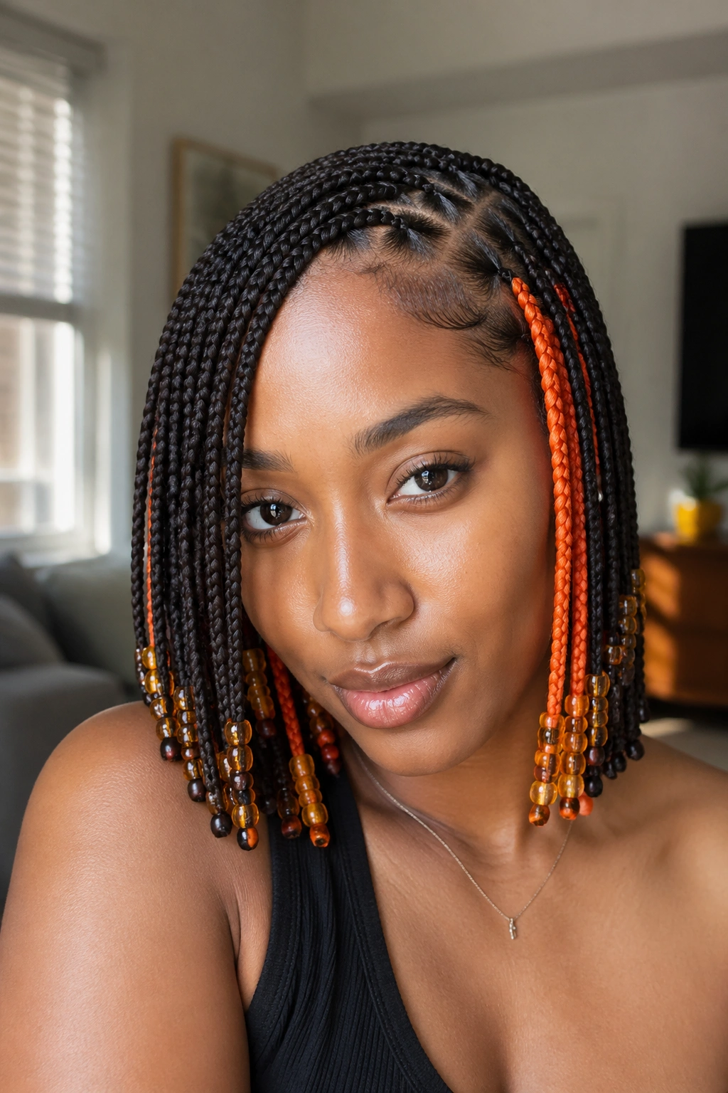 Close-up of a real woman with orange peekaboo braids on a deep side part