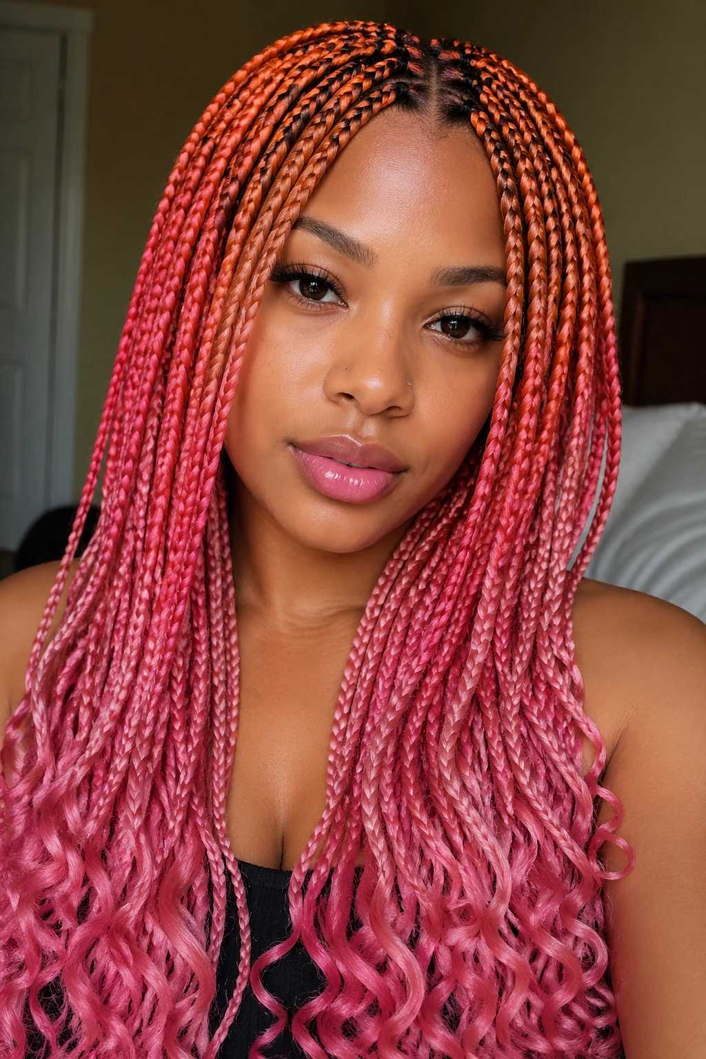 Close-up of a real person with orange-rooted box braids fading to pink tips