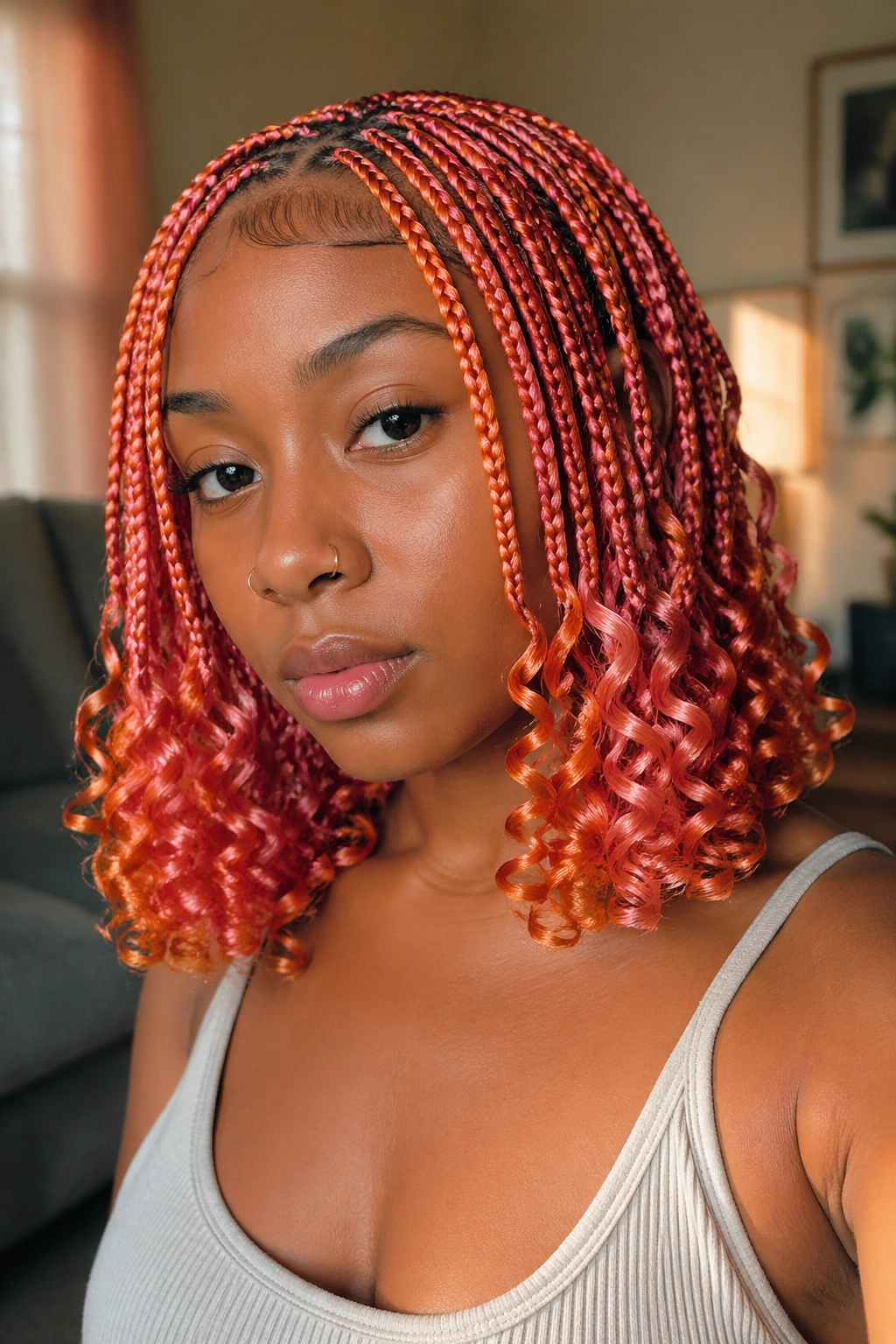 Real person with shoulder-length orange and pink braids with curly ends