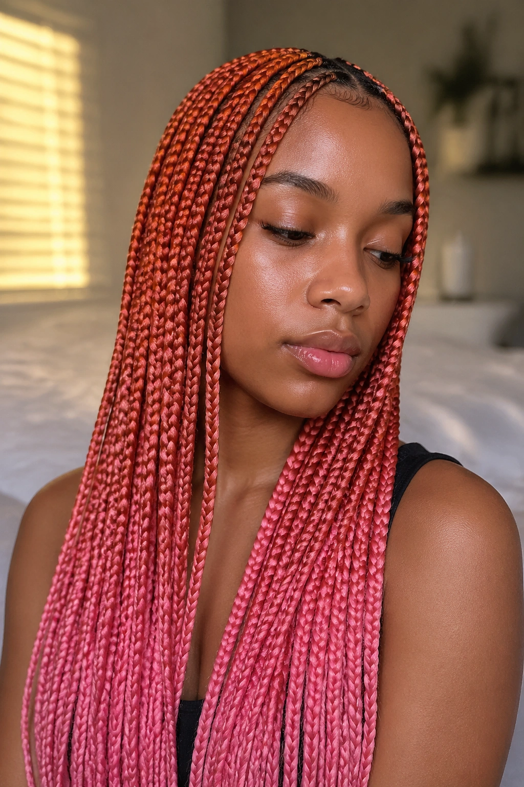 Close-up of sunset ombre box braids in orange to pink on a real person in warm window light