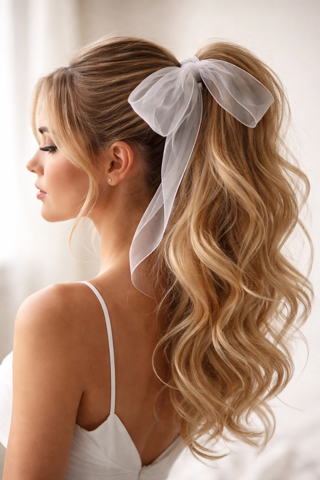 Loose-wave high ponytail with organza bow, airy and flowing