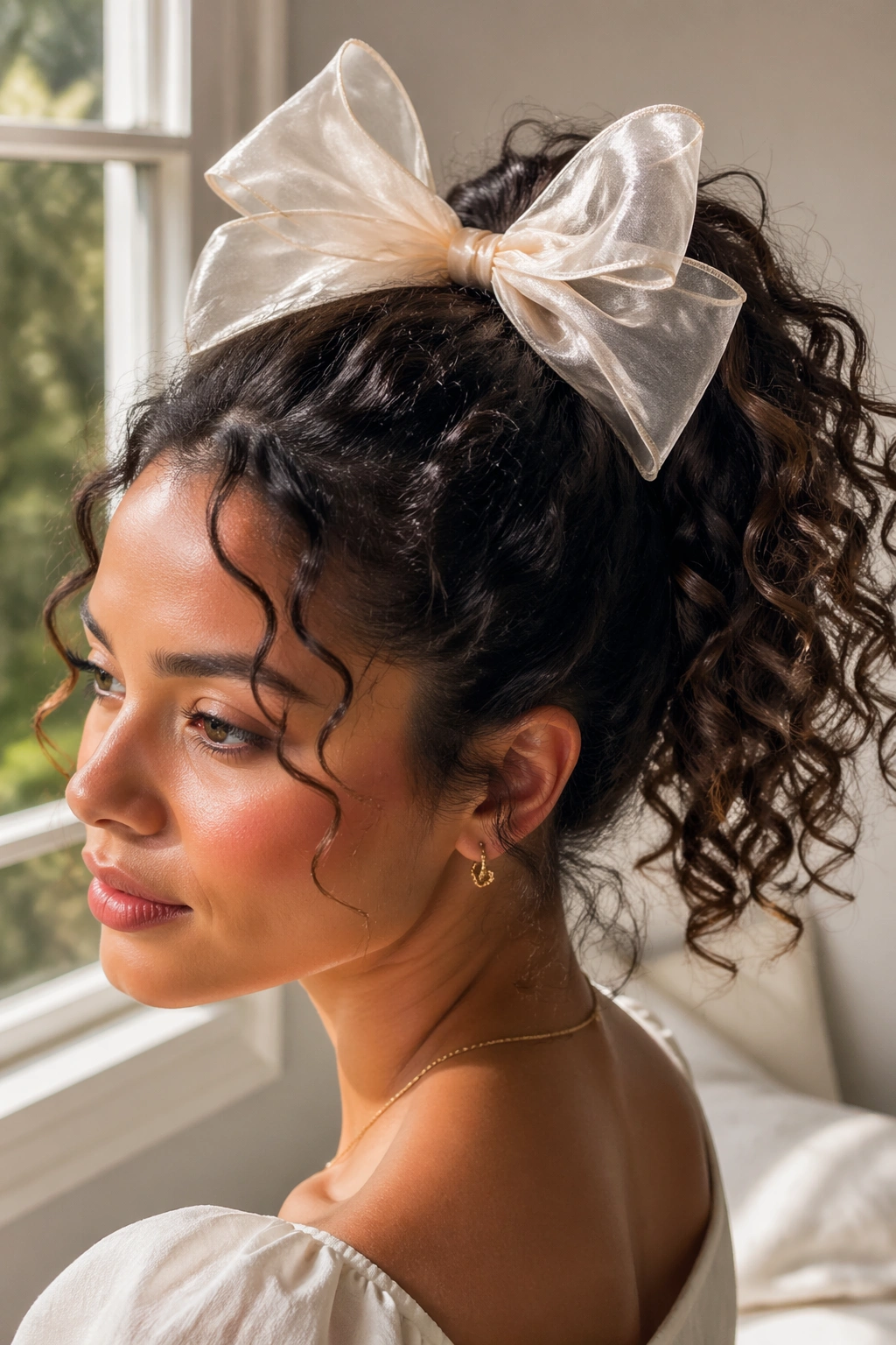 Close-up of a woman with an organza bow ponytail and airy loops
