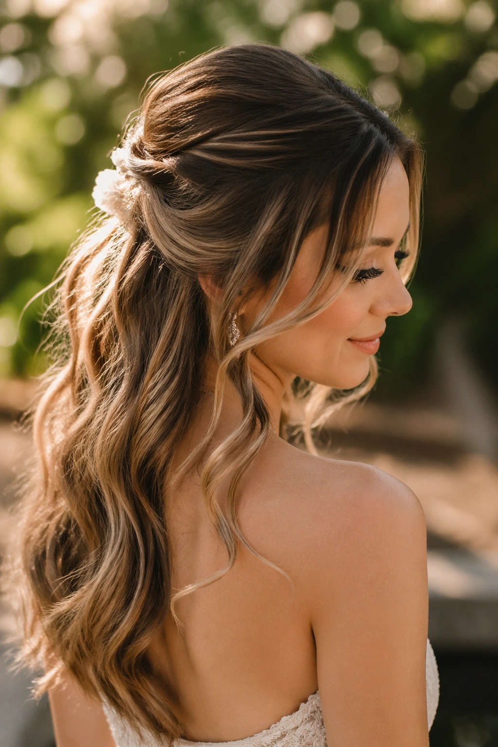 Close-up of a real bride with a romantic half-up hairstyle in a sunlit outdoor garden