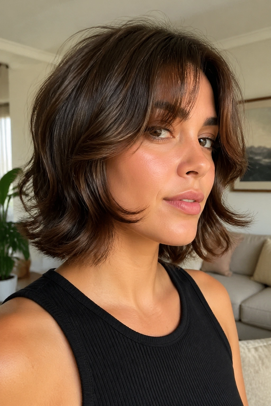 Close-up portrait of a real woman with outward-flip bangs skim the jaw in bright light