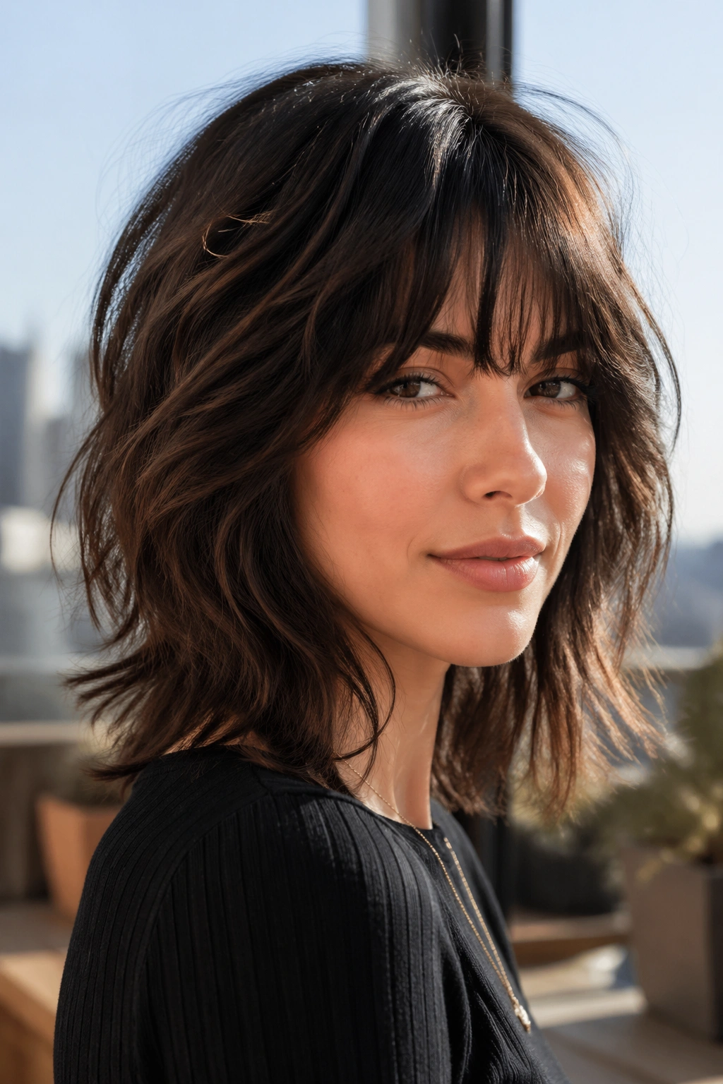 Close-up of a real woman with Oval-Face Balanced Shag featuring a stronger fringe on a sunlit patio.