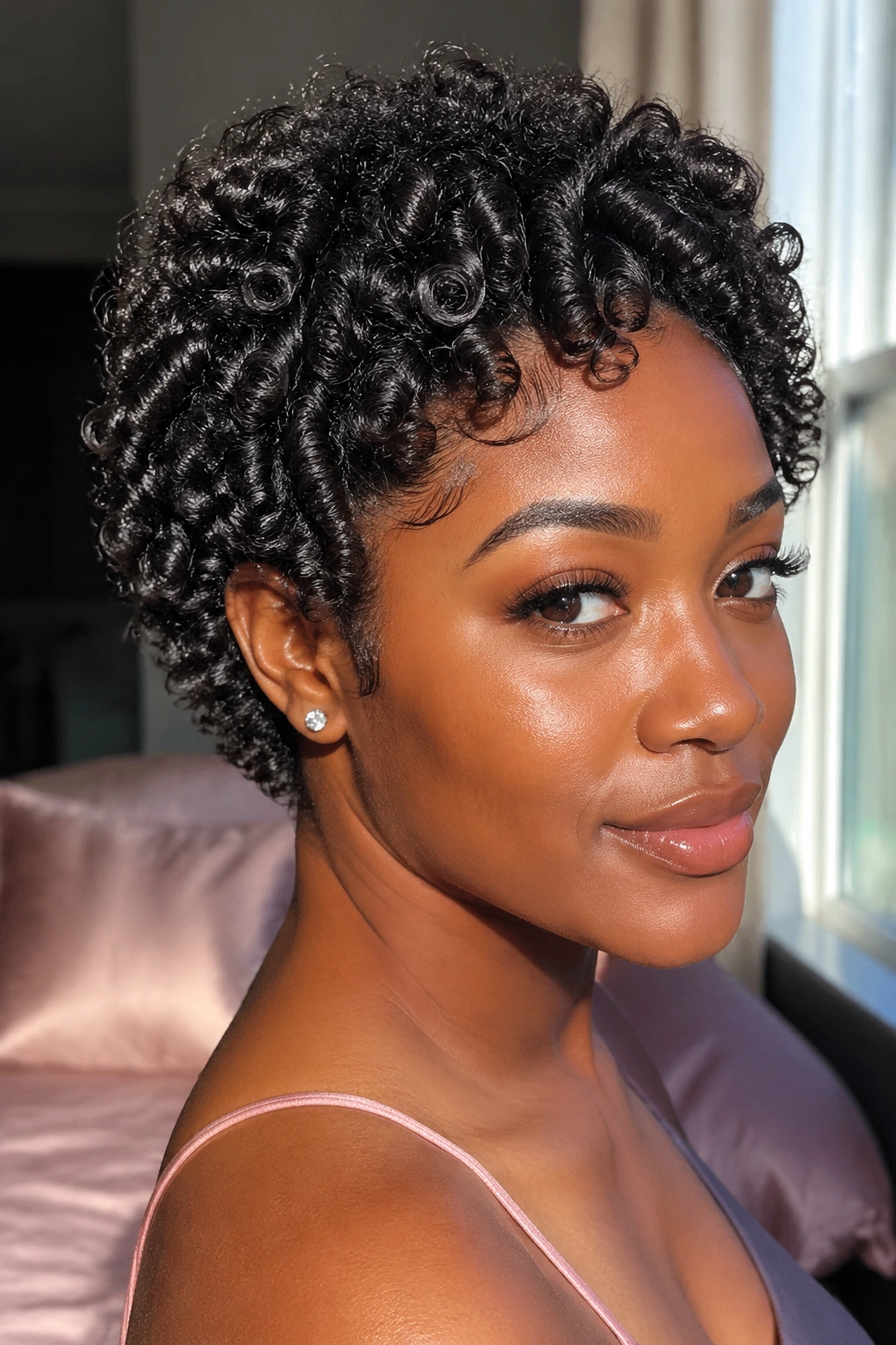 Morning-after close-up of a real woman with overnight flexi-rods Jerry Curl coils and shine.