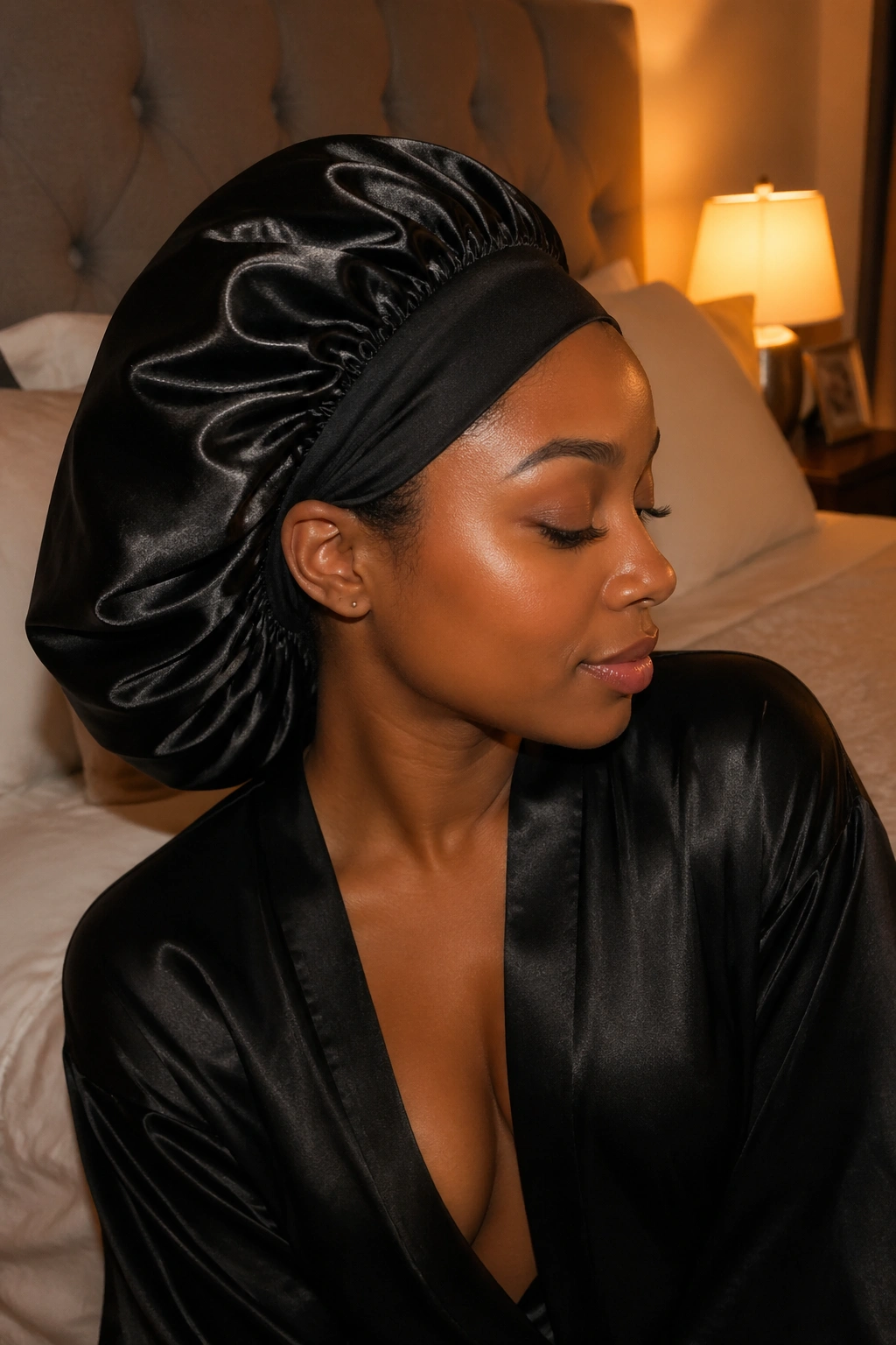 Real woman with long silk-pressed curls wrapped in a satin bonnet for overnight protection.