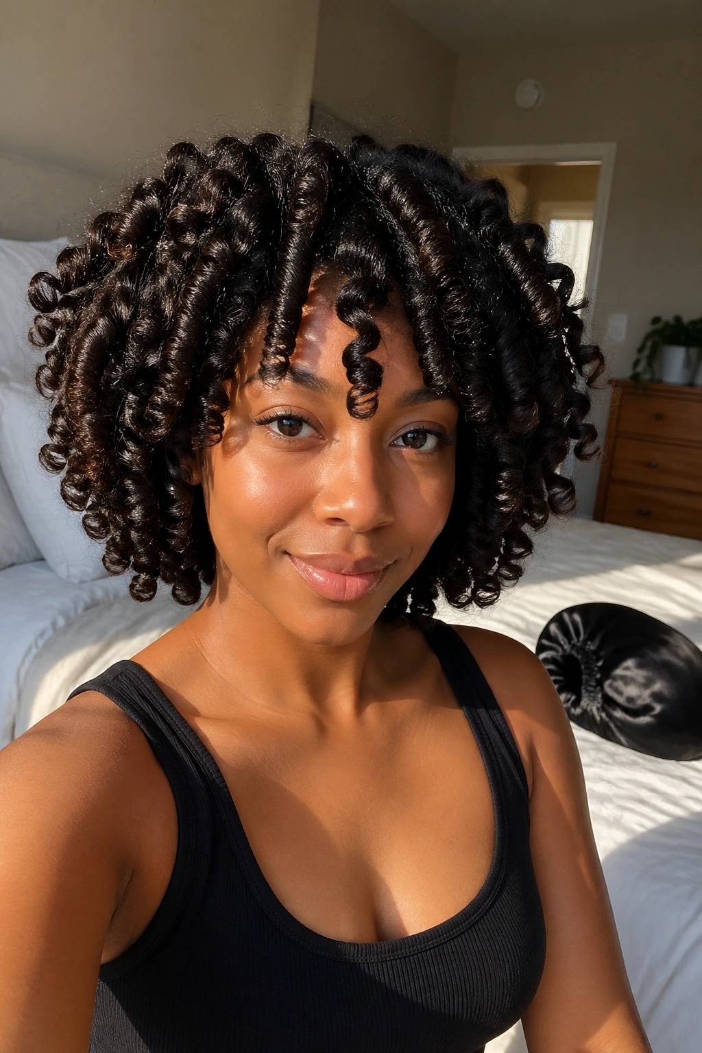 Morning light on a real woman with finished overnight straw curls.