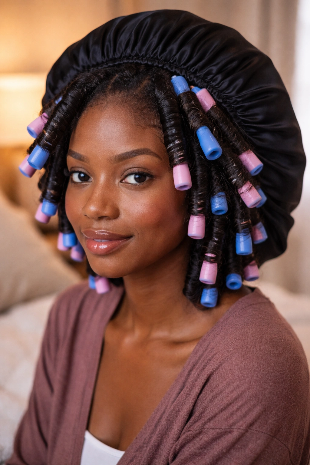 Close-up of a real woman with damp stretched 4C hair wrapped on flexi rods for overnight wand curl prep.