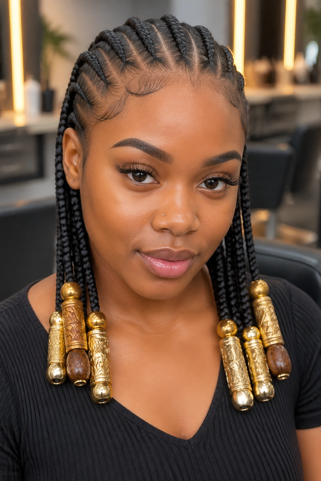 Real person with feed-in cornrows featuring oversized beads at braid ends