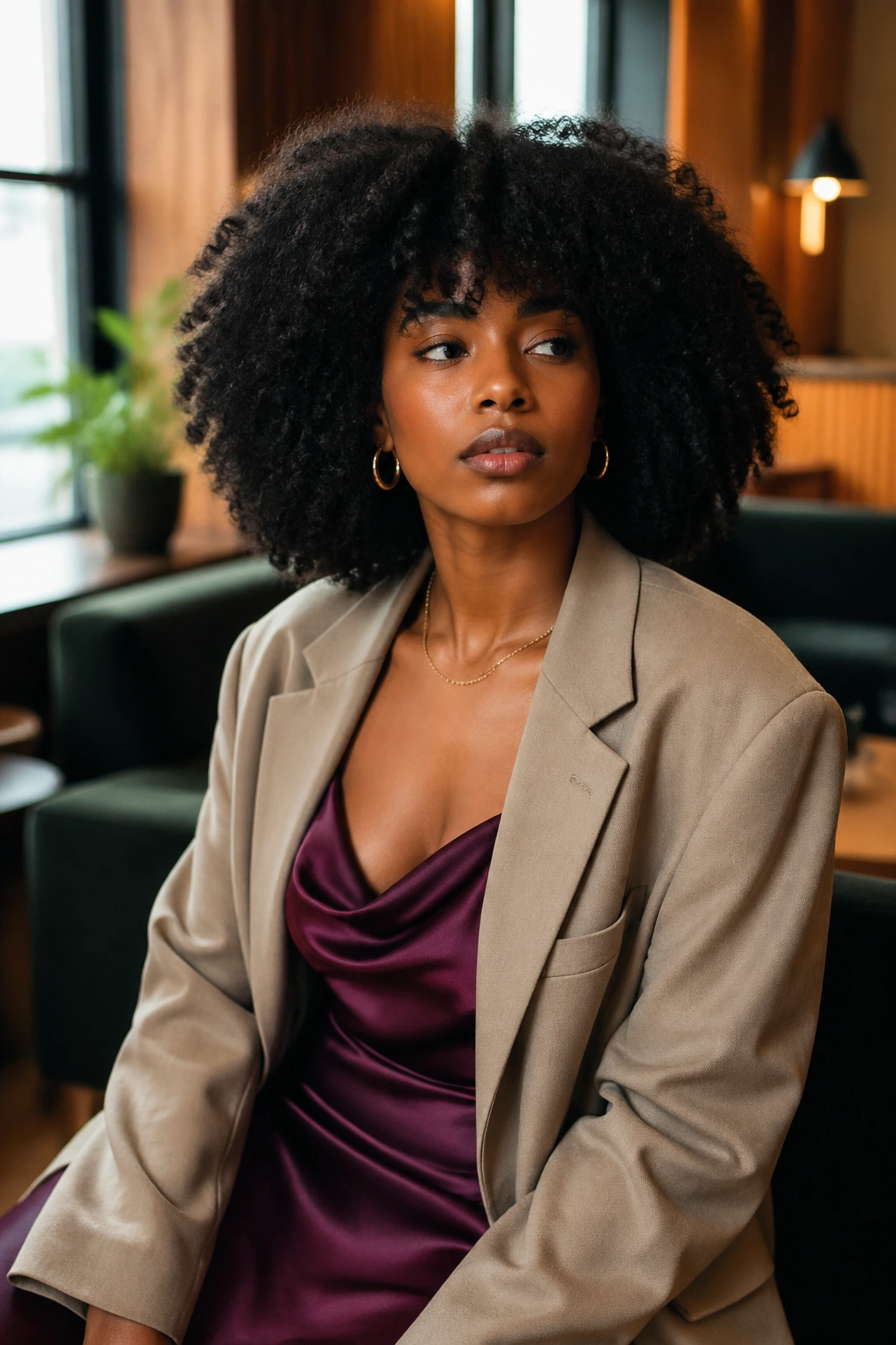 Close-up of a real woman wearing an oversized blazer over a slip dress with natural hair in a warm indoor setting