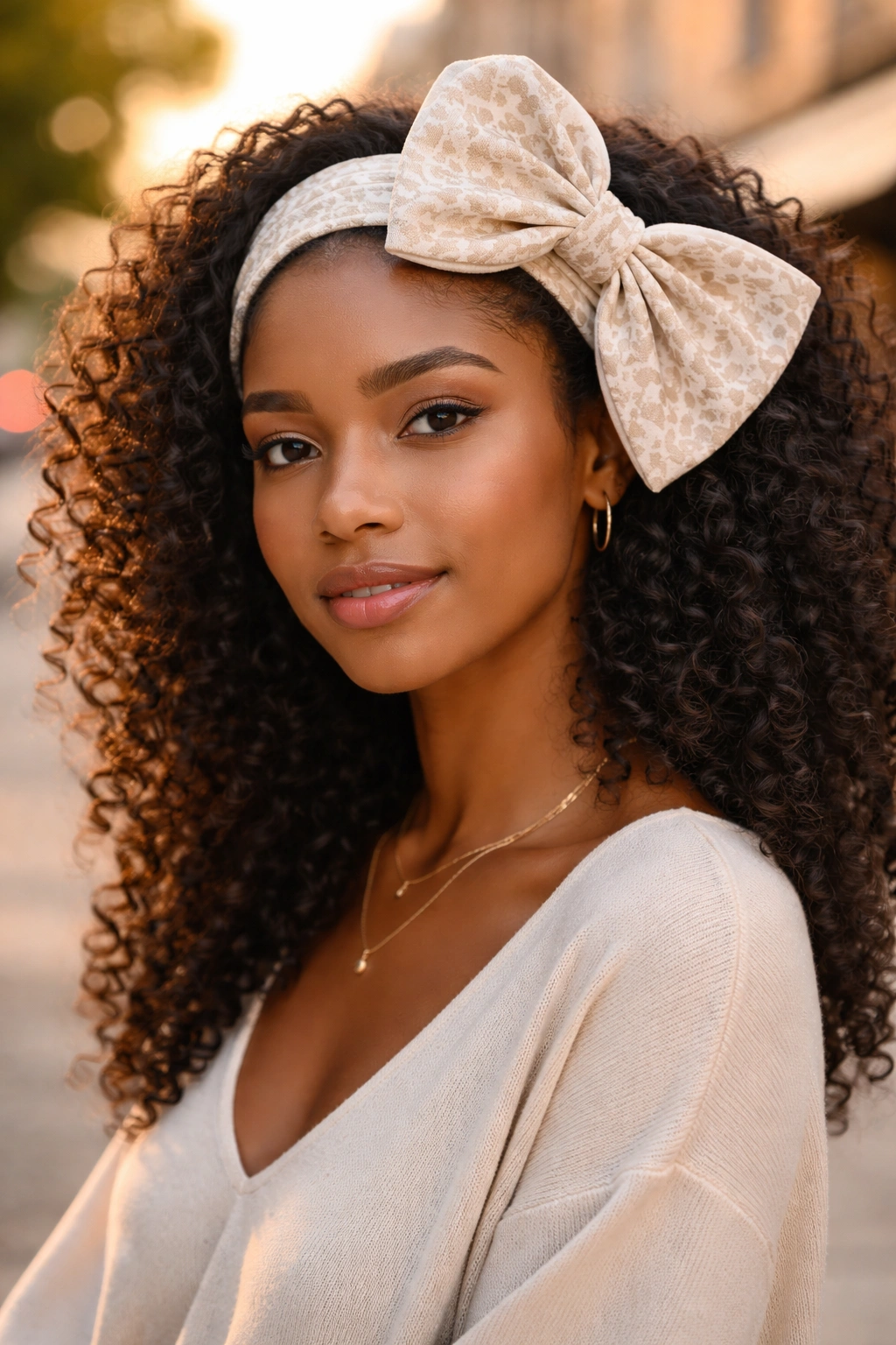 Close-up portrait of a real person wearing a wide headband with a large side bow