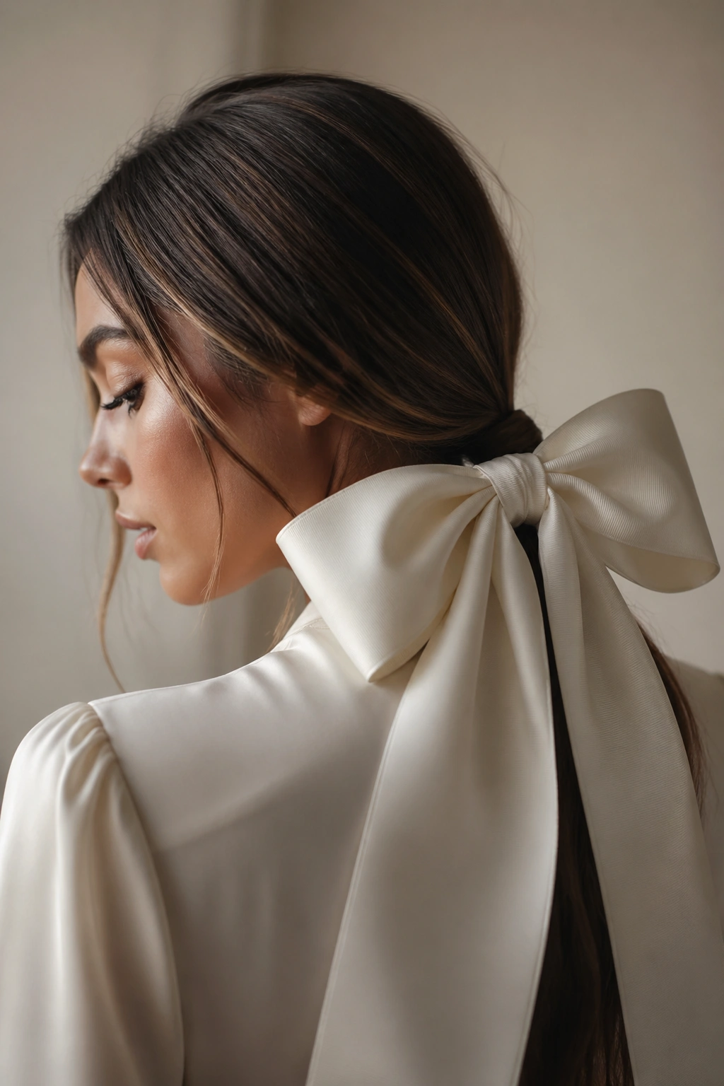 Real woman with oversized bow low ponytail