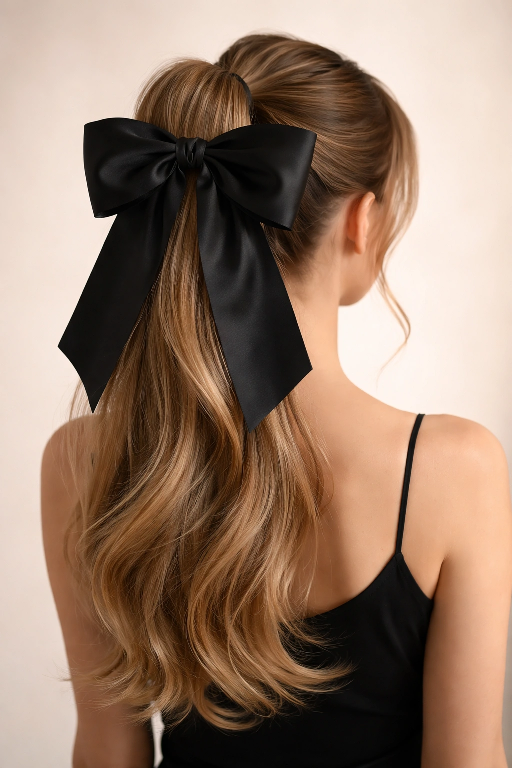 Oversized bow high ponytail with soft ends in studio setting