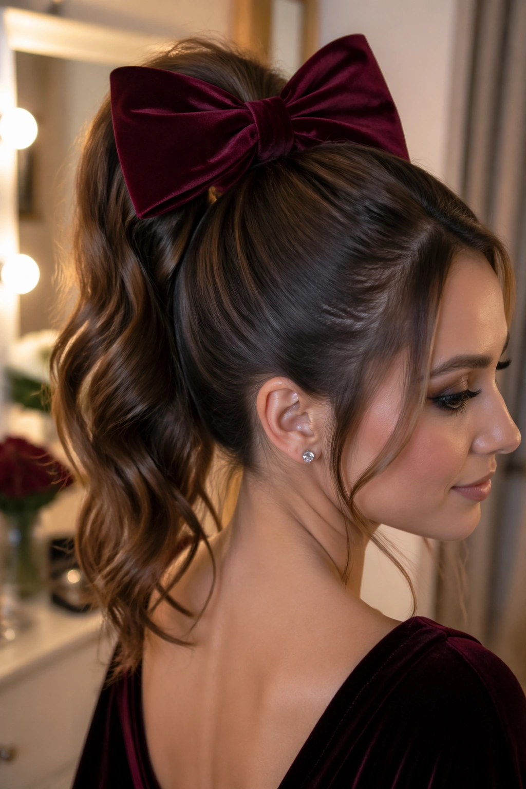 Real person with oversized velvet bow and high ponytail in a warm dressing room