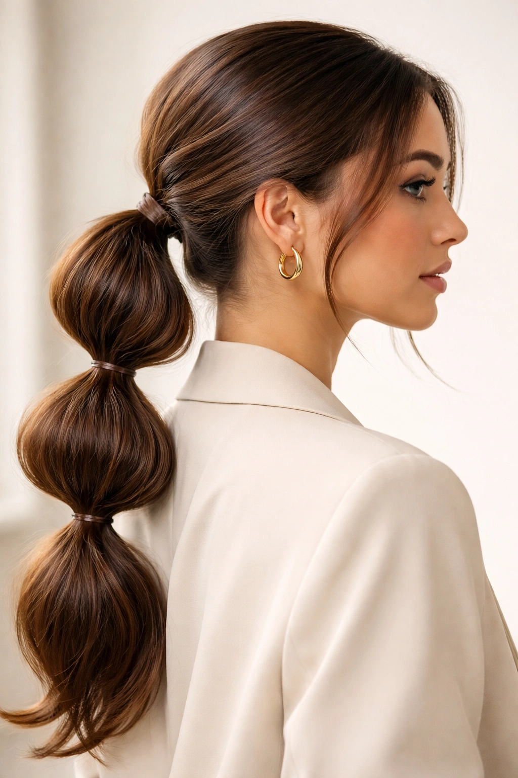 Side view of an oversized bubble low ponytail on thick hair.